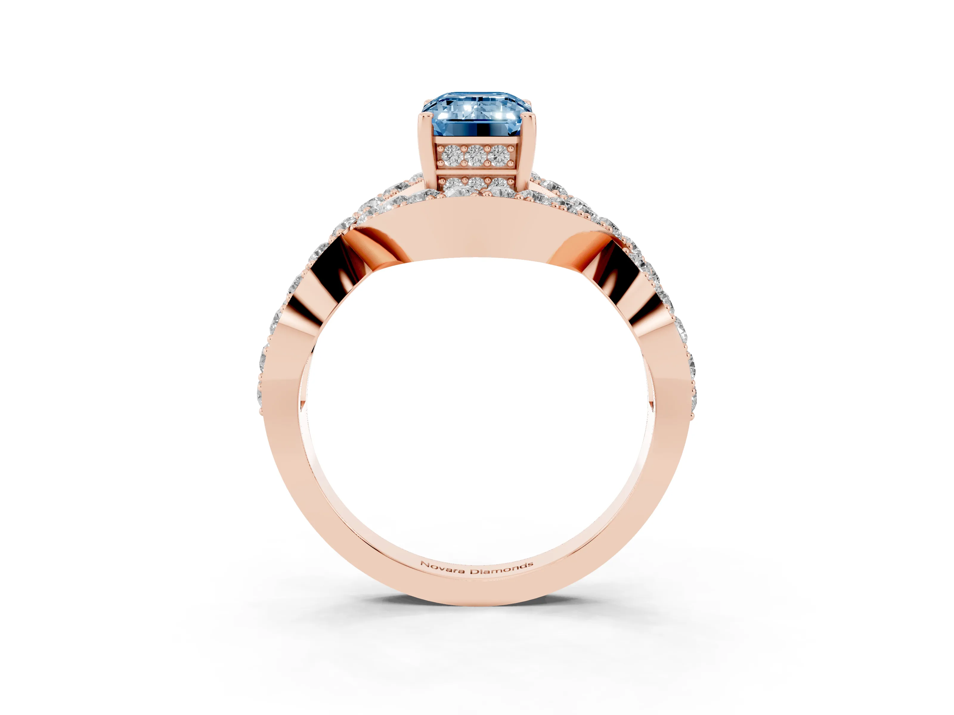 Fancy Blue Emerald Cut Diamond Solitaire Twist Band Pavé Engagement Ring Set in Rose gold