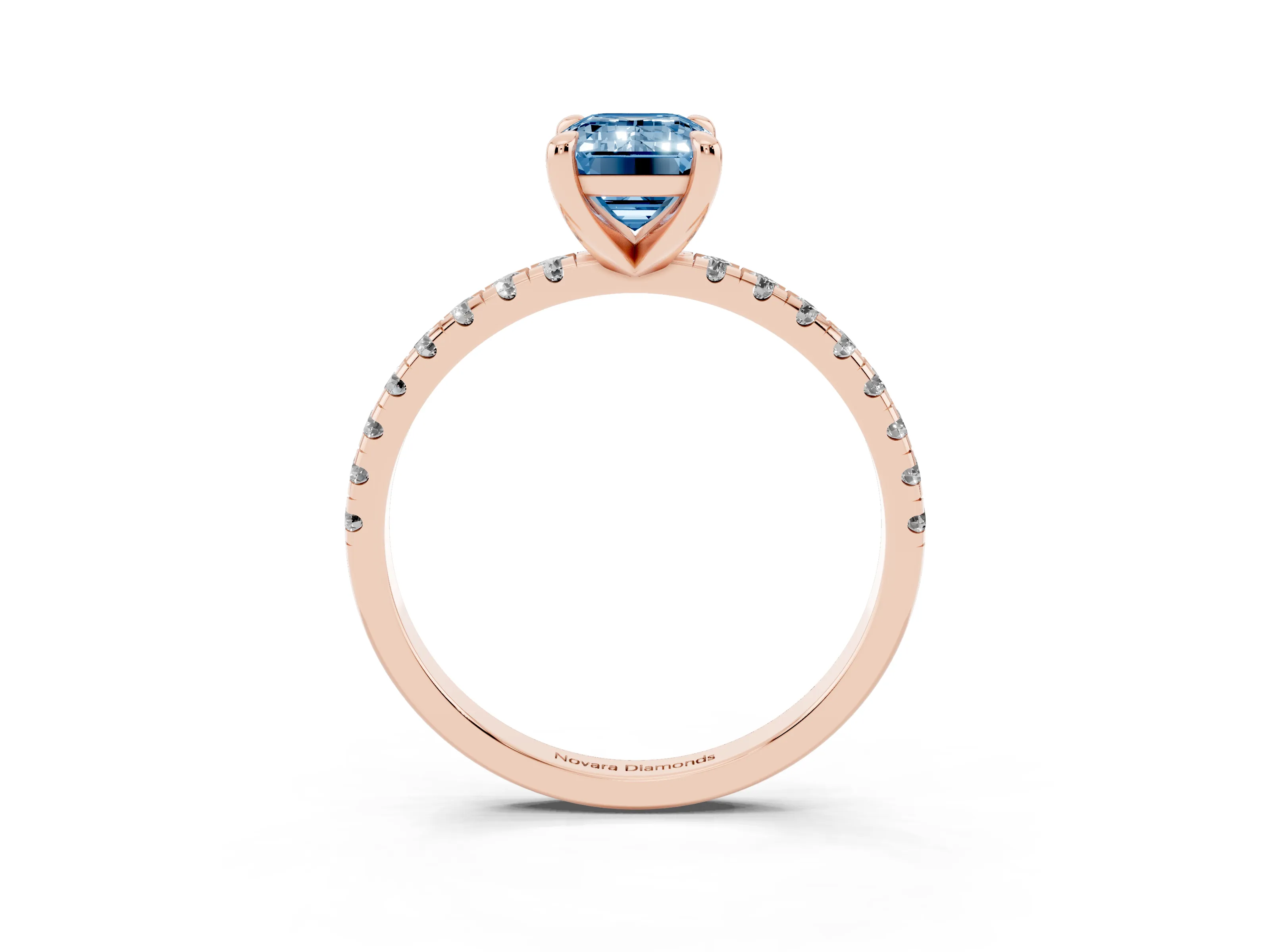 Fancy Blue Emerald Cut Diamond Brilliant Solitaire Ring Set in Rose gold with Pavé Band and Prong Setting