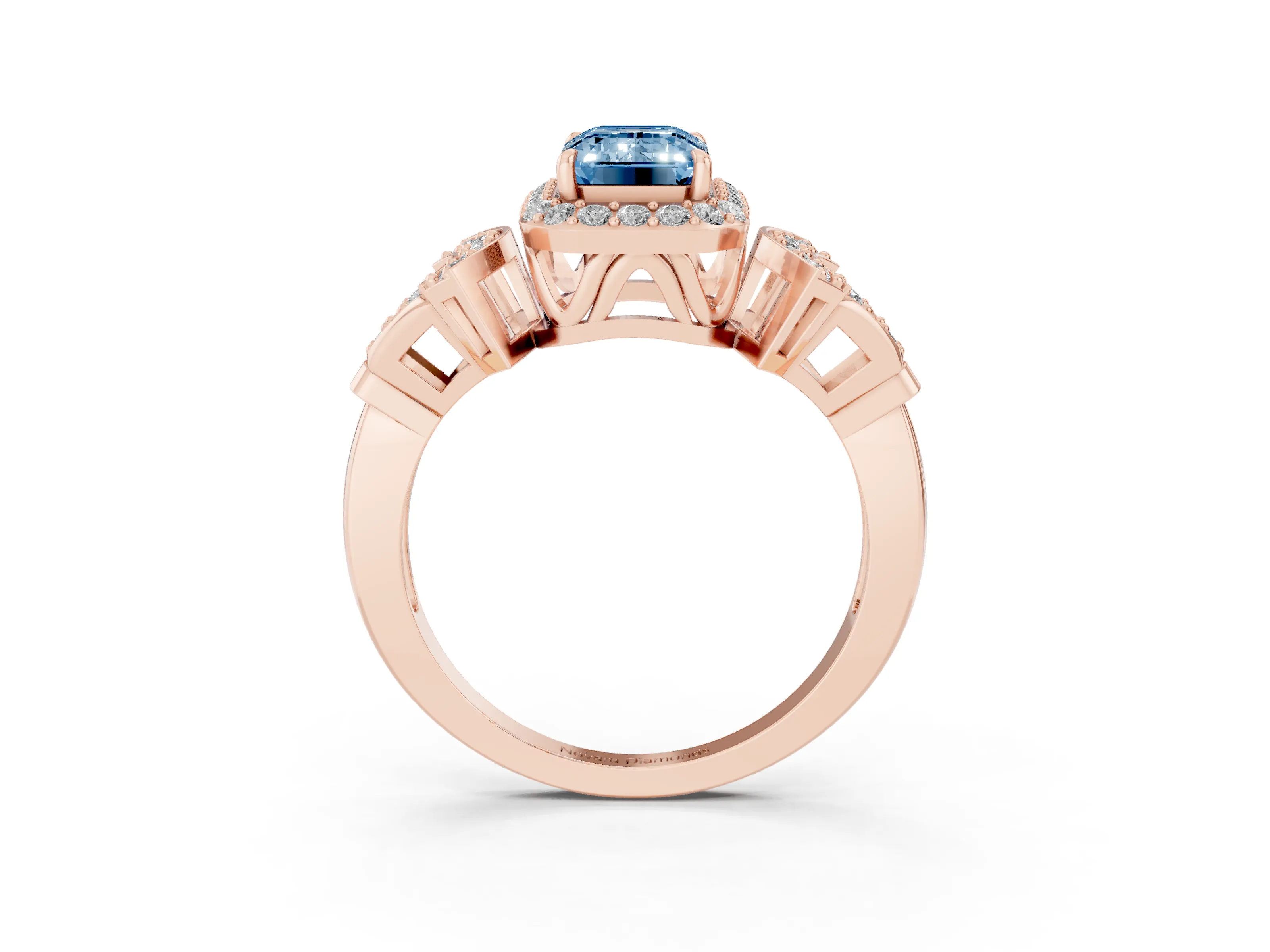 Fancy Blue Emerald Cut Diamond Halo Engagement Ring Set in Rose gold with Accent Stone Split Shank