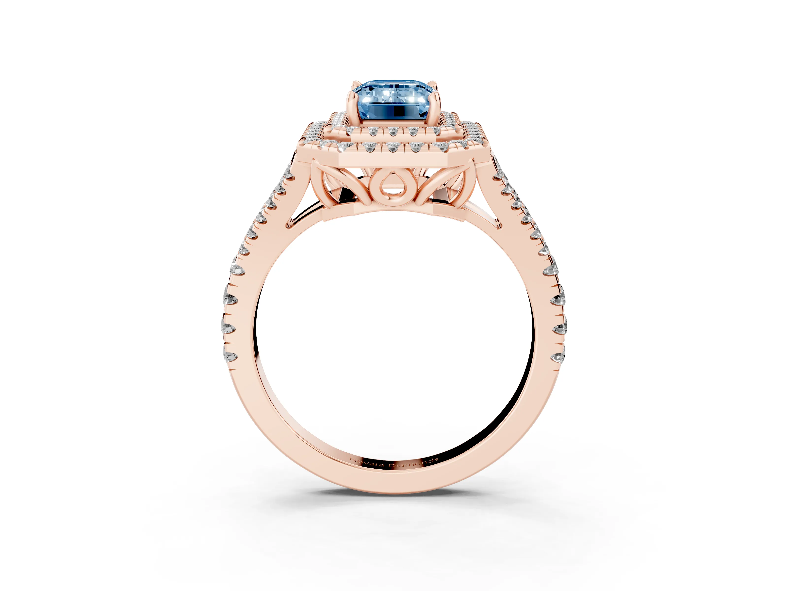 Fancy Blue Emerald Cut Diamond Double Halo Ring Set in Rose gold with Pavé Band