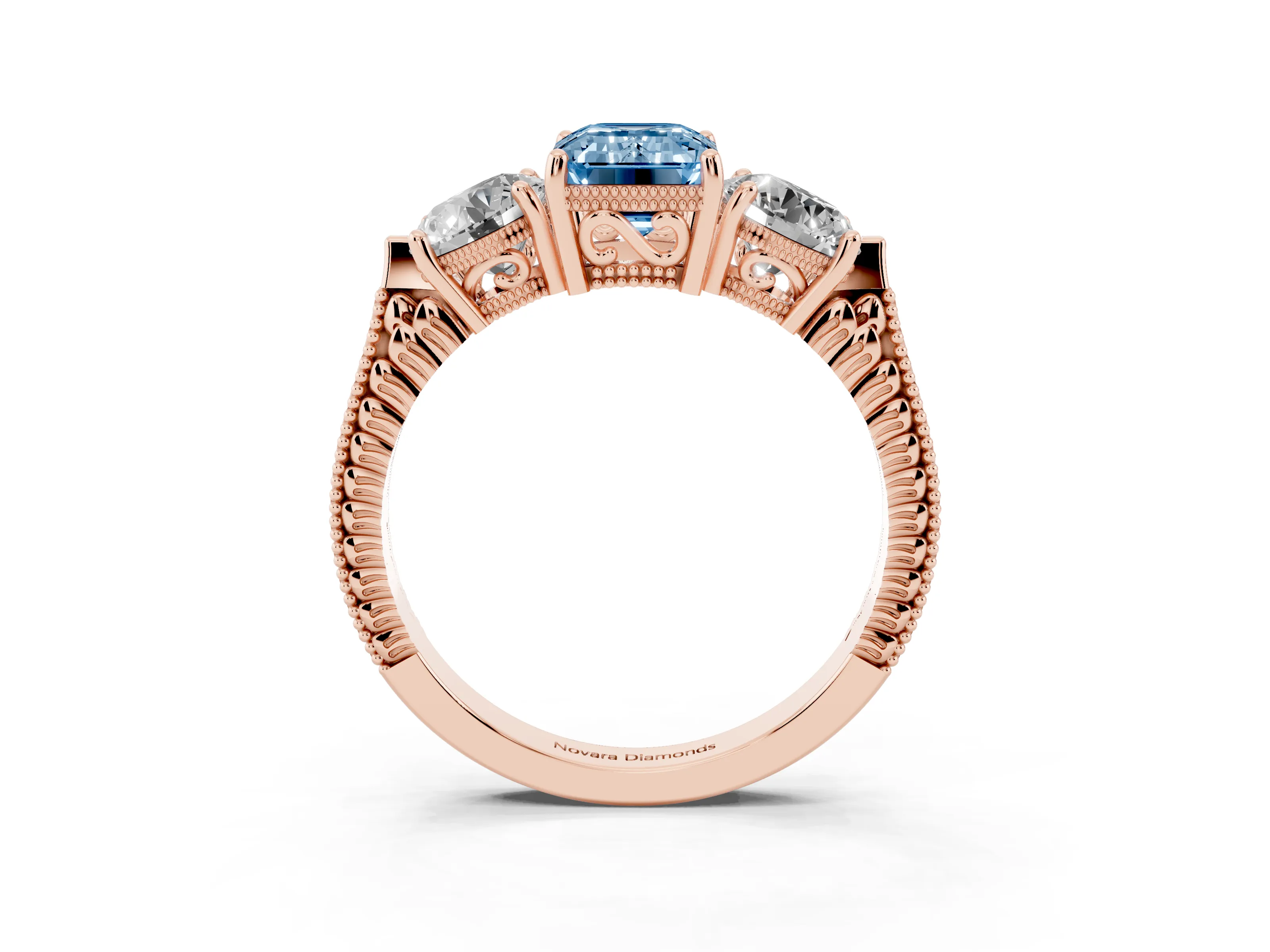 Fancy Blue Emerald Cut Diamond Three-Stone Ring Set in Rose gold with Milgrain Band