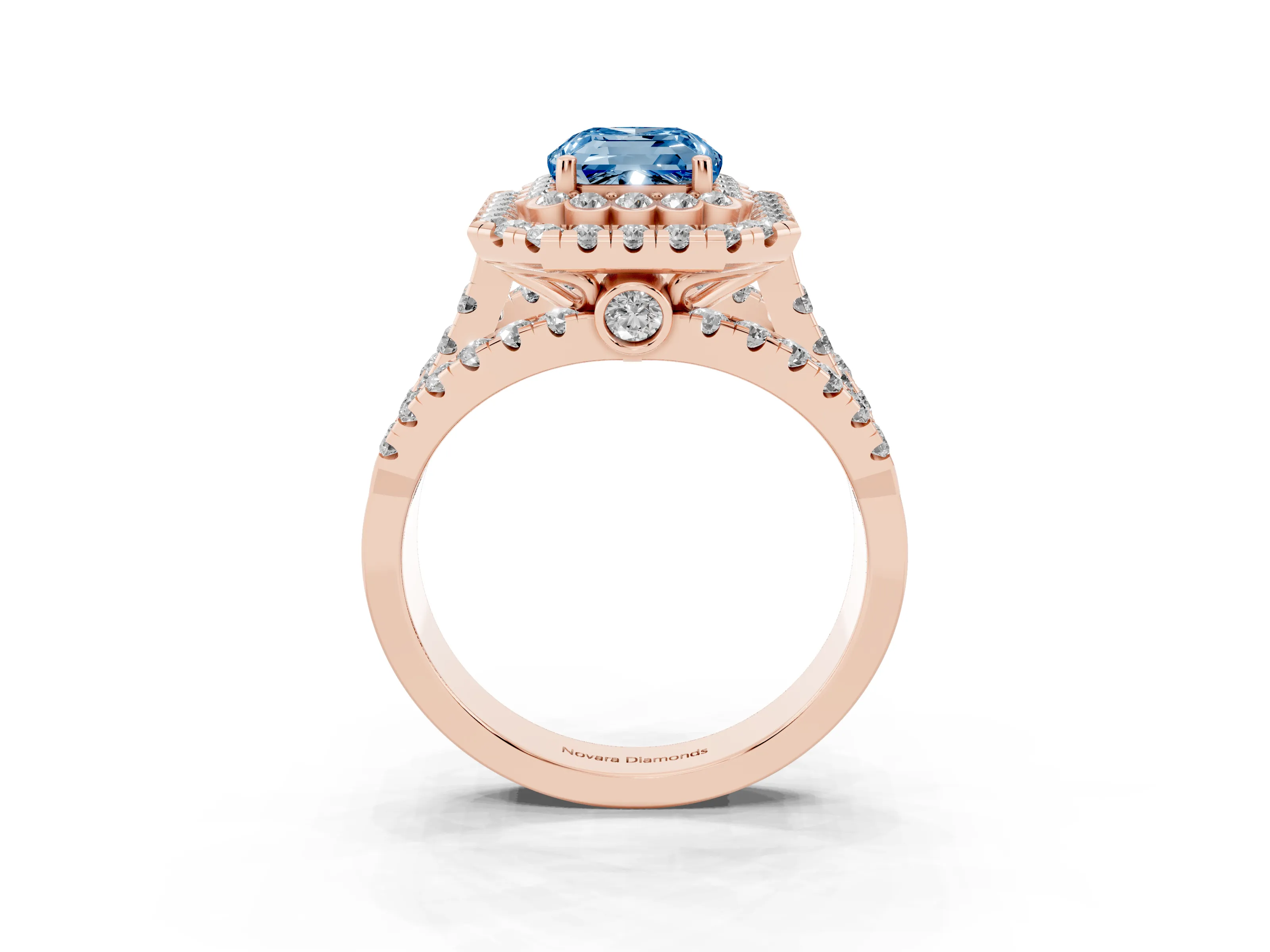 Fancy Blue Emerald Cut Diamond Double Halo Ring Set in Rose gold with Round Pavé Split Shank