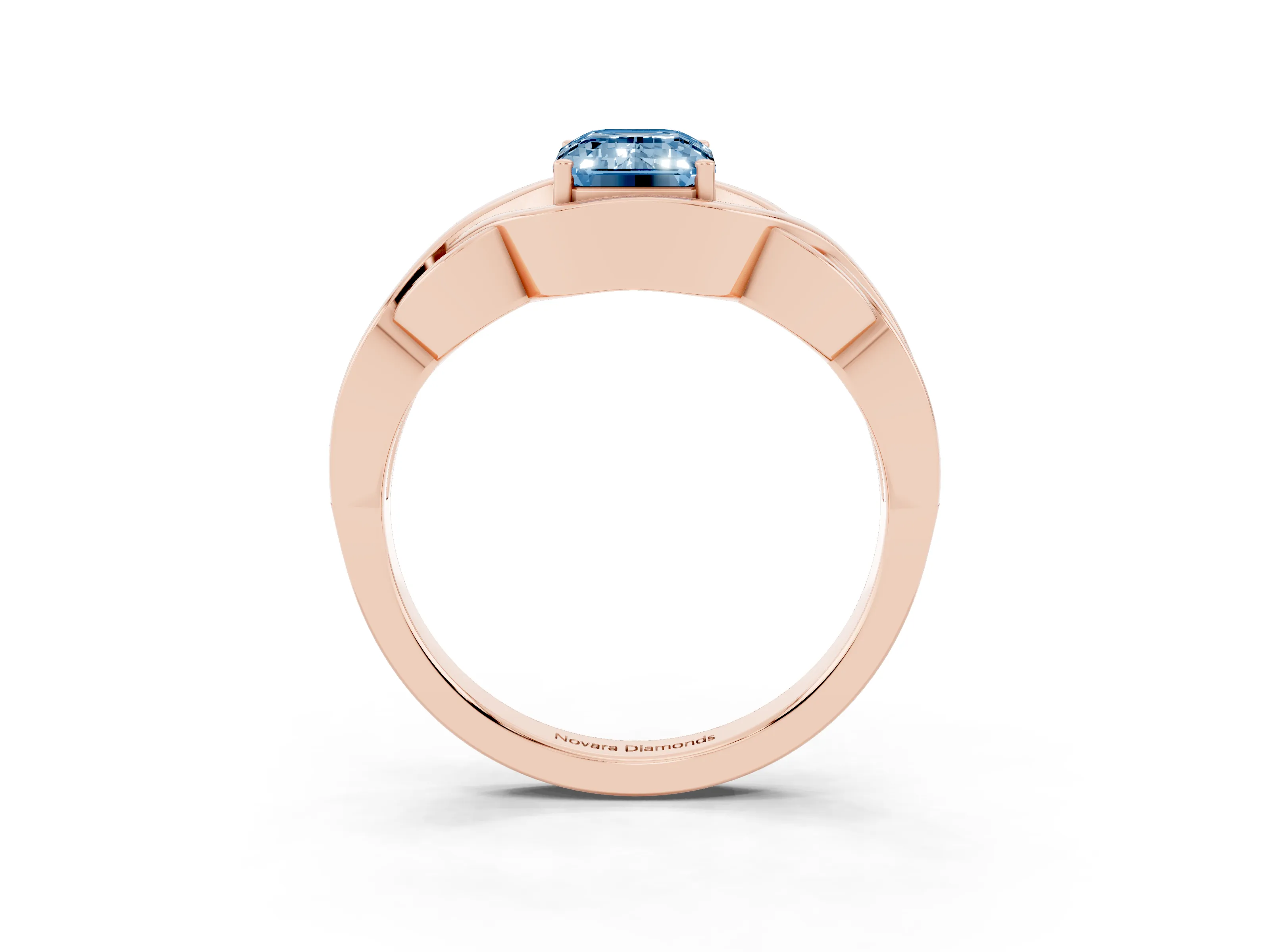 Fancy Blue Emerald Cut Diamond Solitaire Ring Set in Rose gold with Intertwined Band