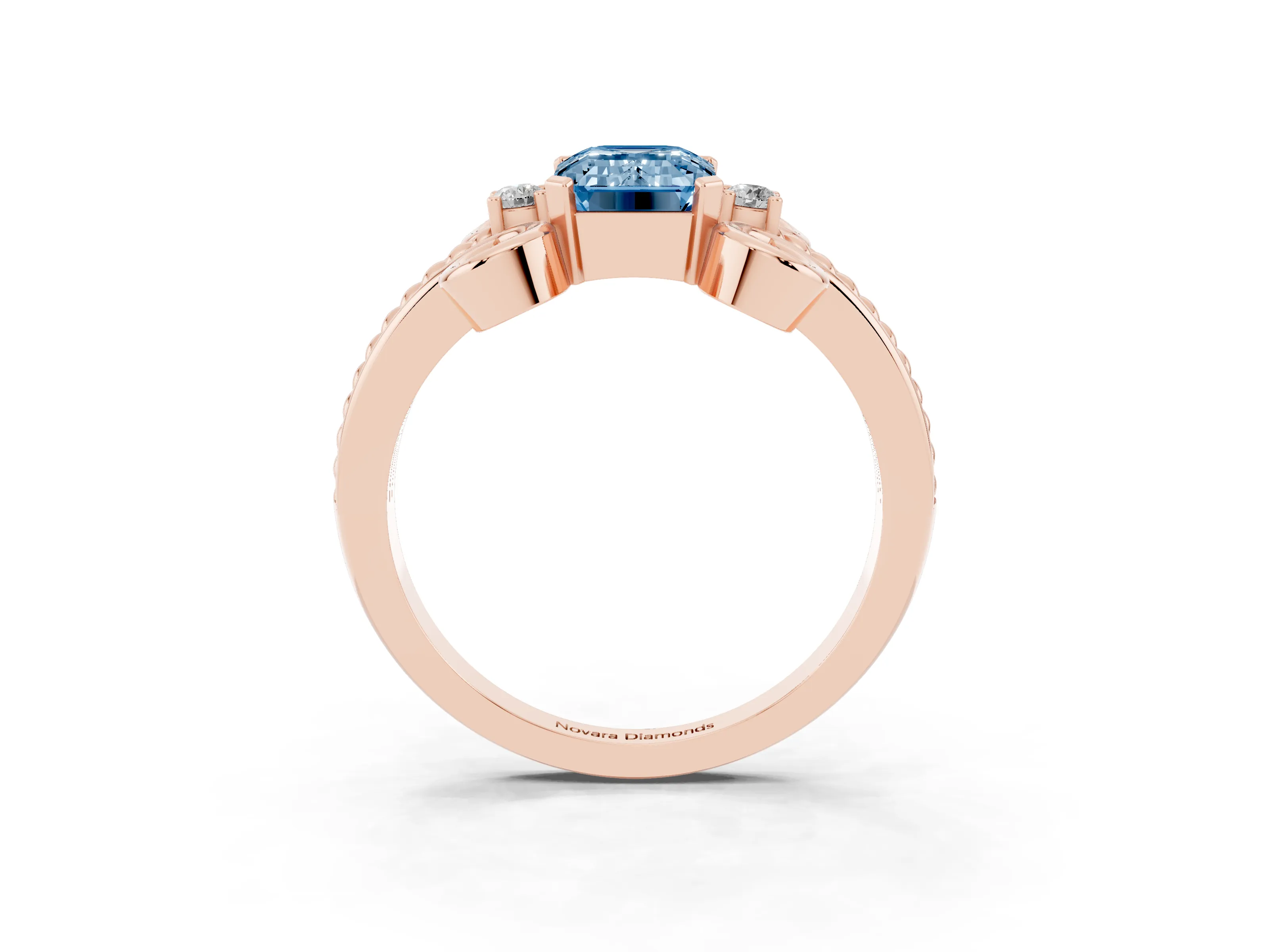 Fancy Blue Emerald Cut Diamond Twisted Band Solitaire Ring Set in Rose gold with Scroll Prongs