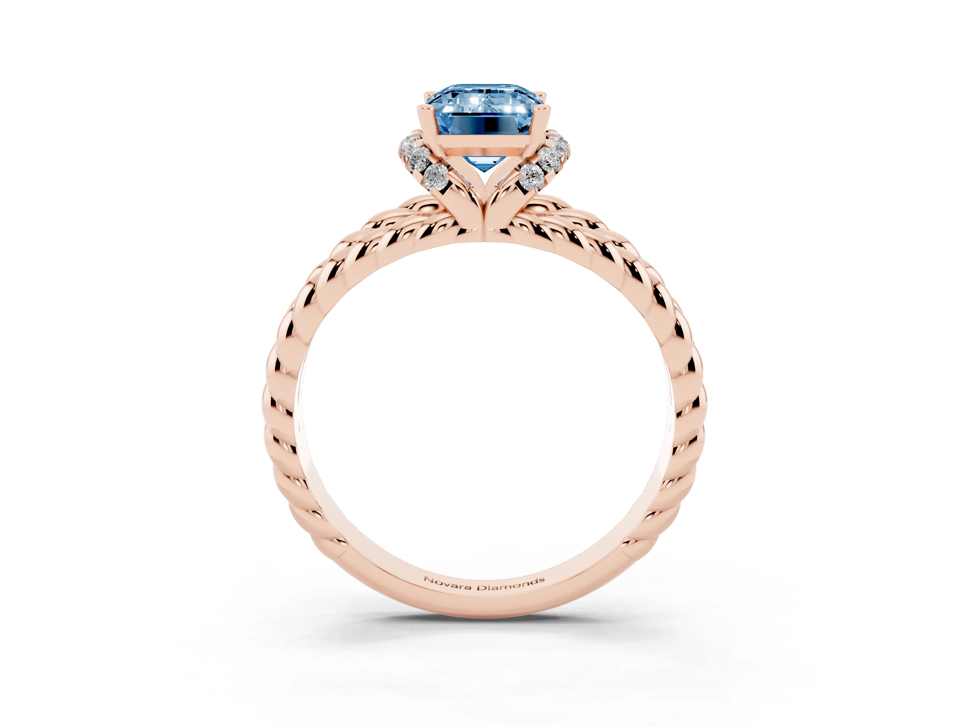 Fancy Blue Emerald Cut Diamond Halo Ring Set in Rose gold with Twisted Band and Prong Setting