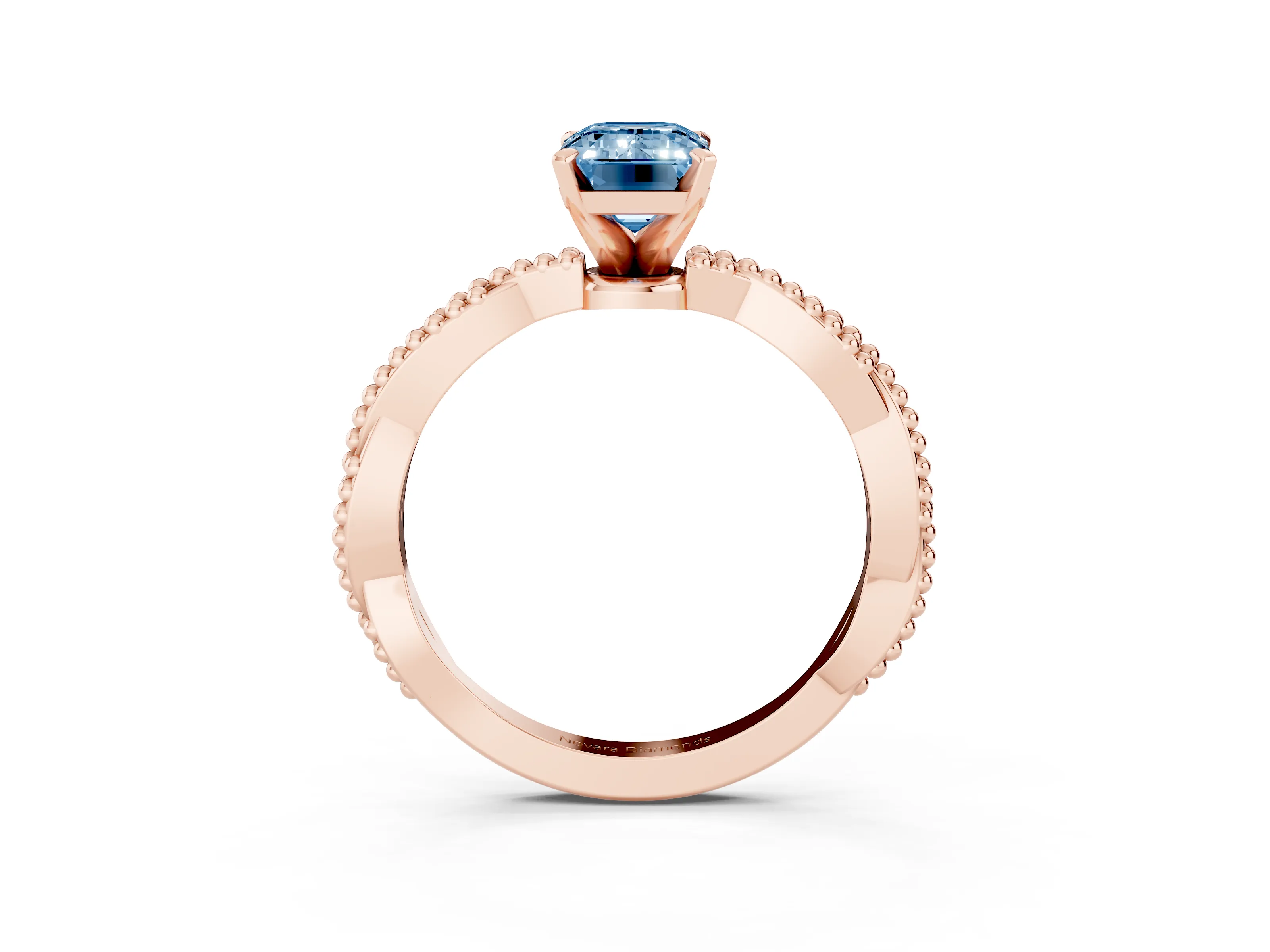 Fancy Blue Emerald Cut Diamond Solitaire Ring Set in Rose gold with Twisted Band and Bead Prong Setting