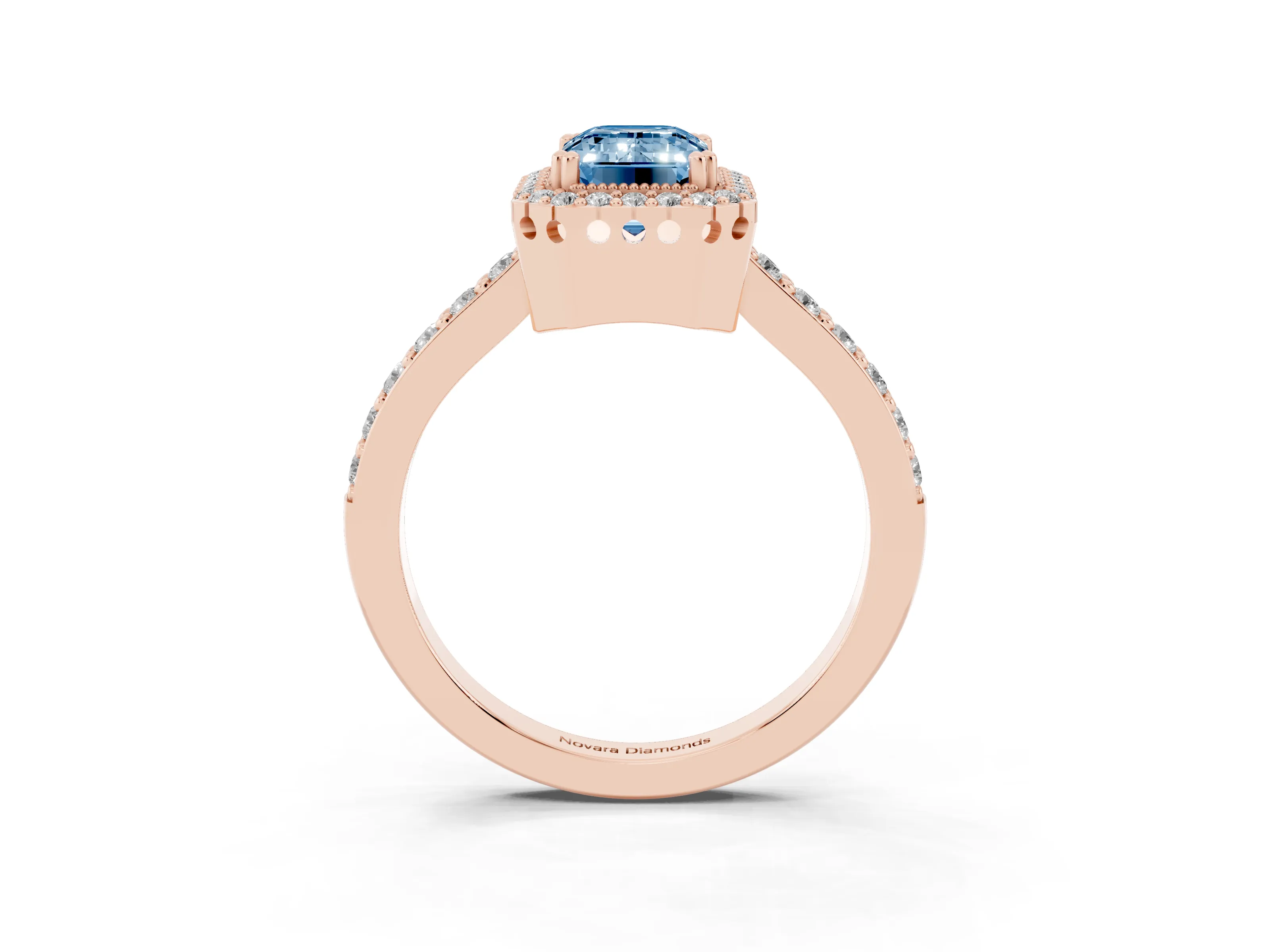 Fancy Blue Emerald Cut Diamond Halo Engagement Ring Set in Rose gold with Milgrain Detail and Pavé Band