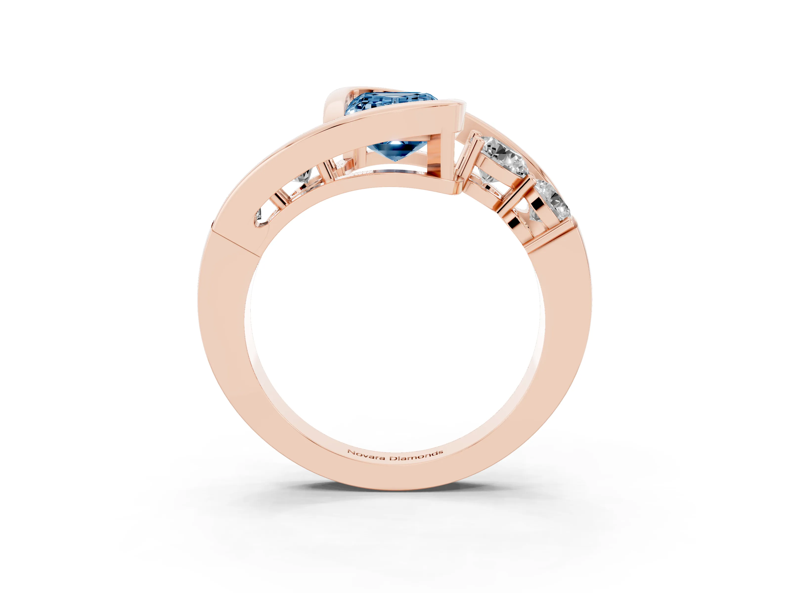 Fancy Blue Emerald Cut Diamond Bezel Bypass Ring Set in Rose gold with Round Accents