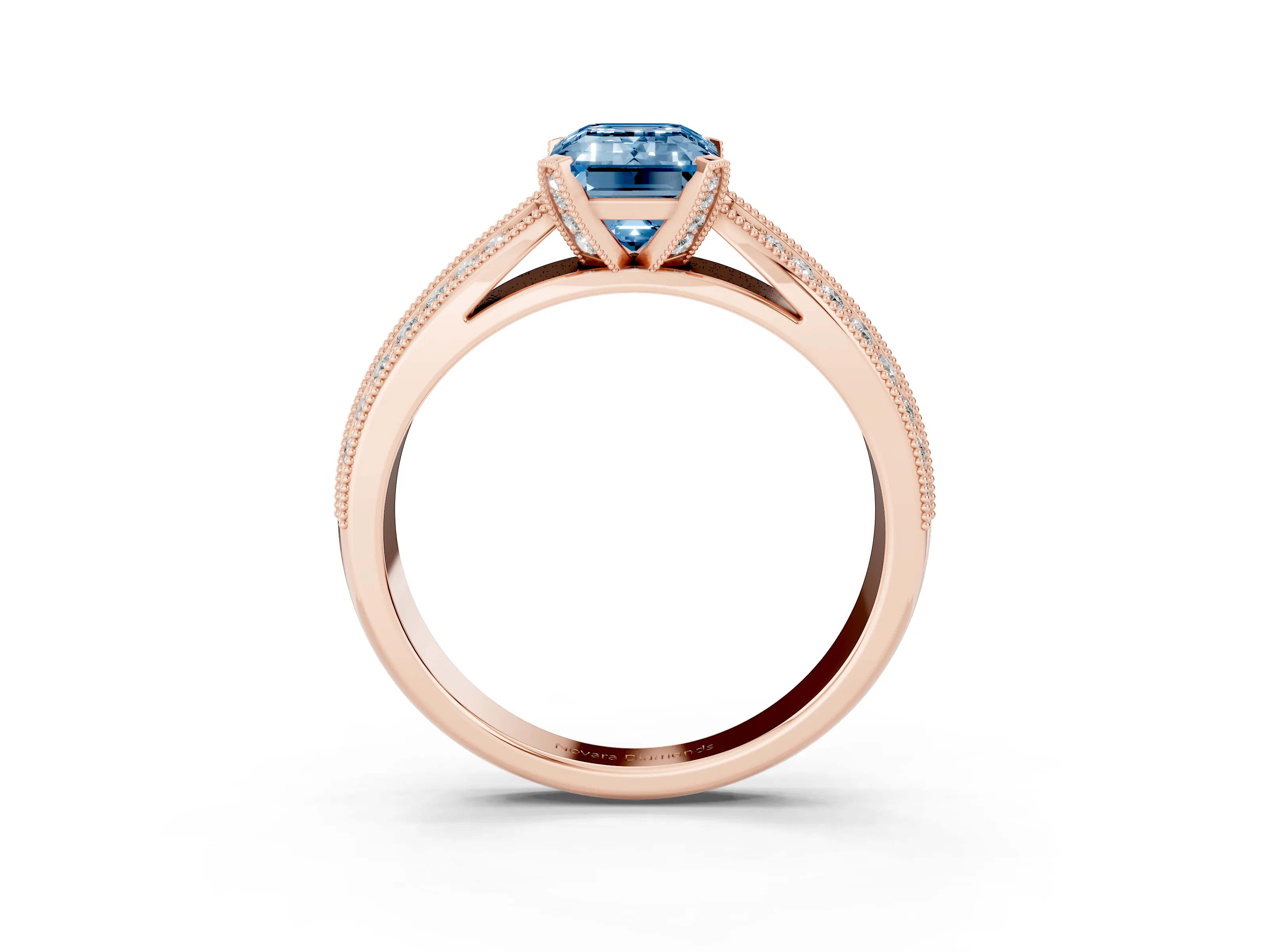 Fancy Blue Emerald Cut Diamond Solitaire Ring Set in Rose gold with Milgrain Double Row Round Pavé Band