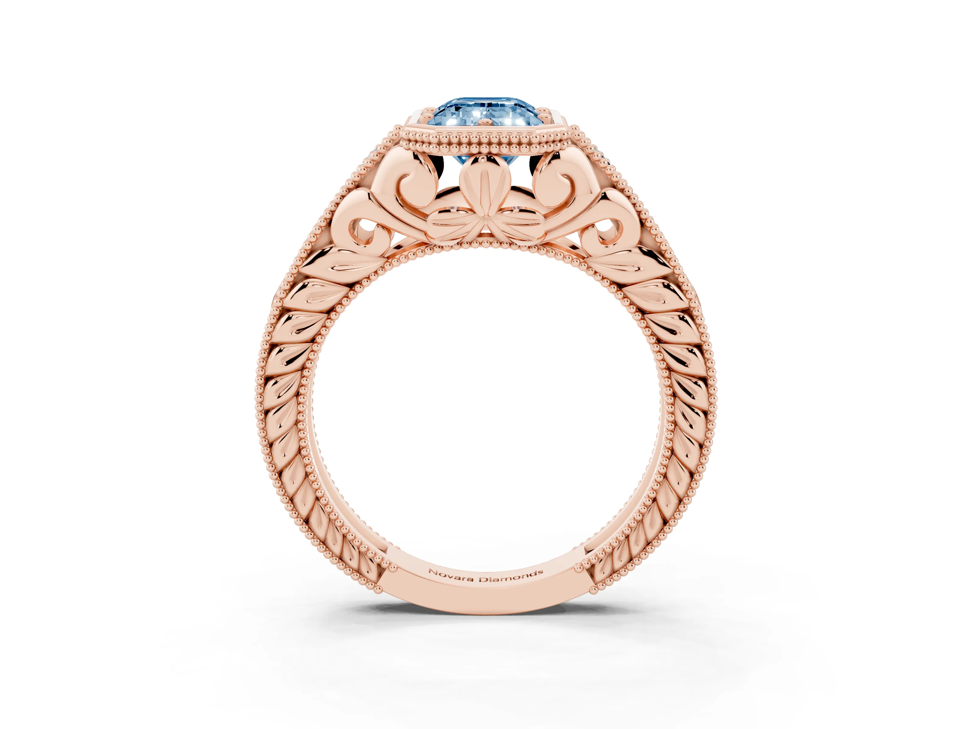 Fancy Blue Bezel Set Emerald Cut Diamond Milgrain Pavé Engagement Ring Set in Rose gold