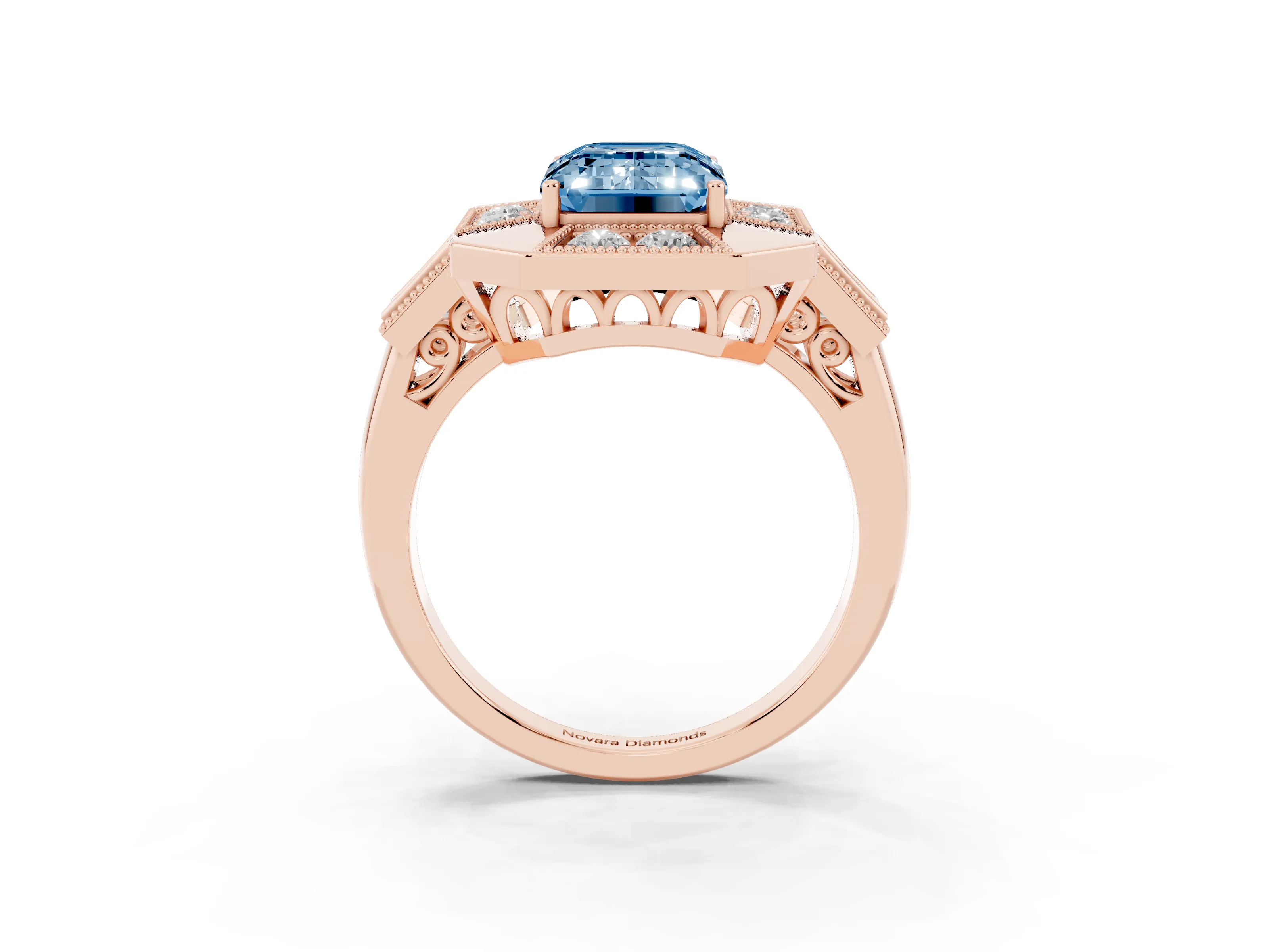 Fancy Blue Emerald Cut Diamond Milgrain Halo Ring Set in Rose gold with Split Shank