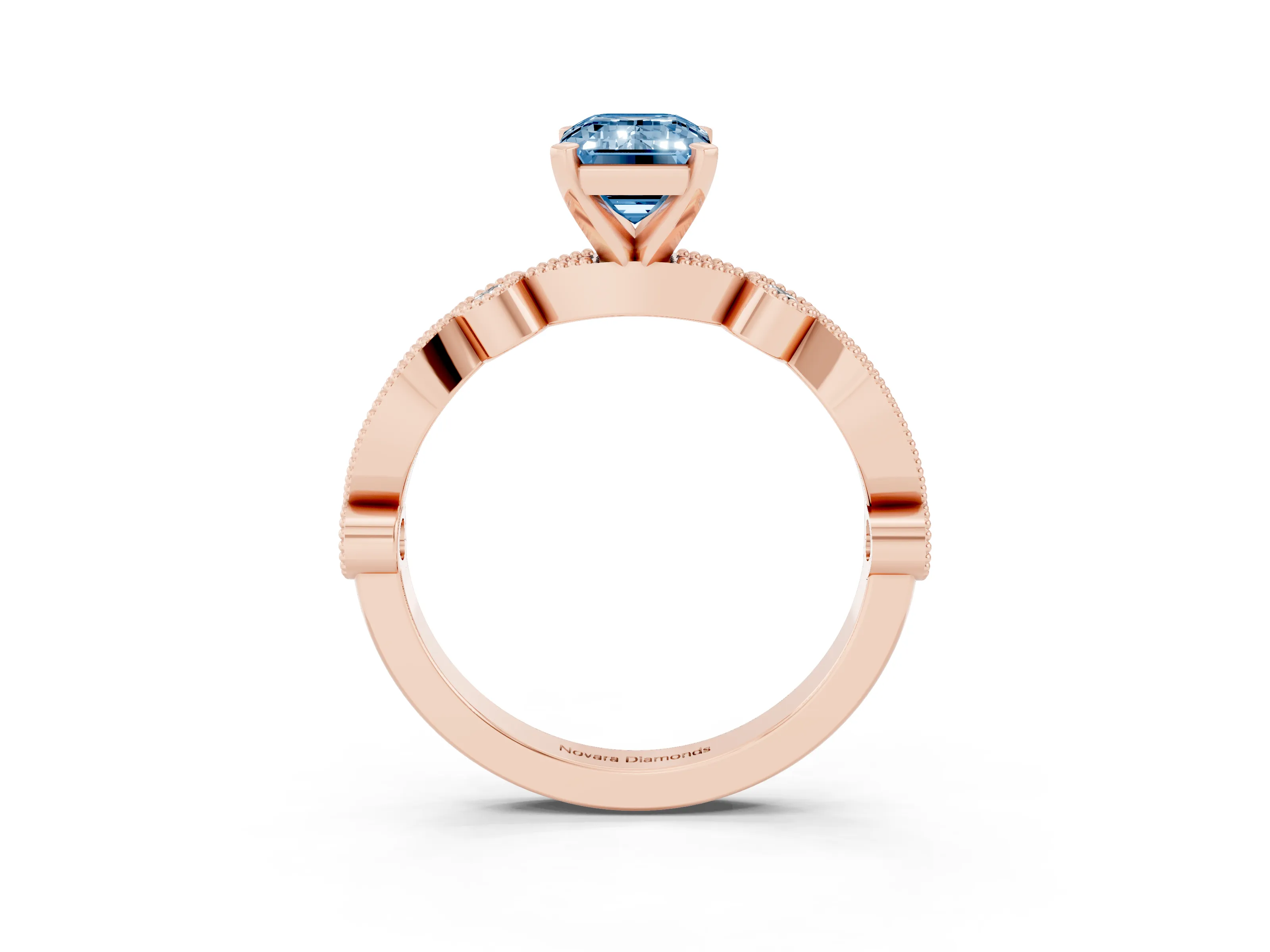 Fancy Blue Emerald Cut Diamond Solitaire Engagement Ring Set in Rose gold with Milgrain Bezel Accent Band