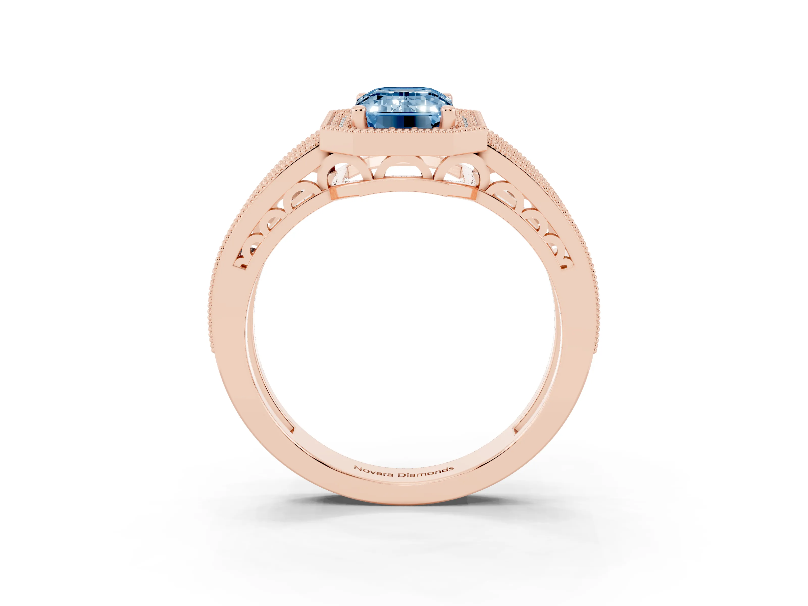 Fancy Blue Emerald Cut Diamond Halo Ring Set in Rose gold with Accent Split Shank and Prong Setting