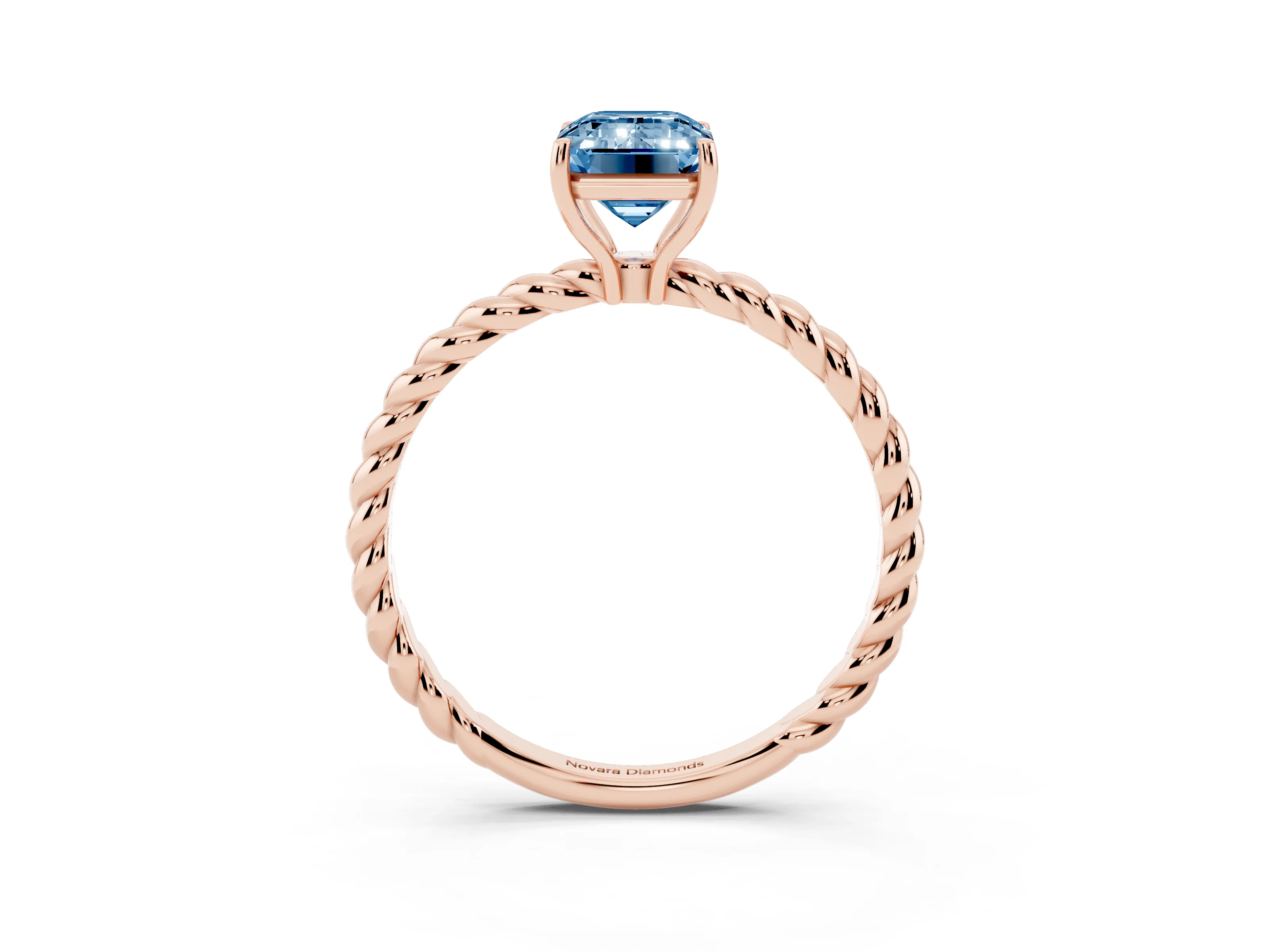 Fancy Blue Emerald Cut Diamond Solitaire Ring Set in Rose gold with Twist Band and Prong Setting