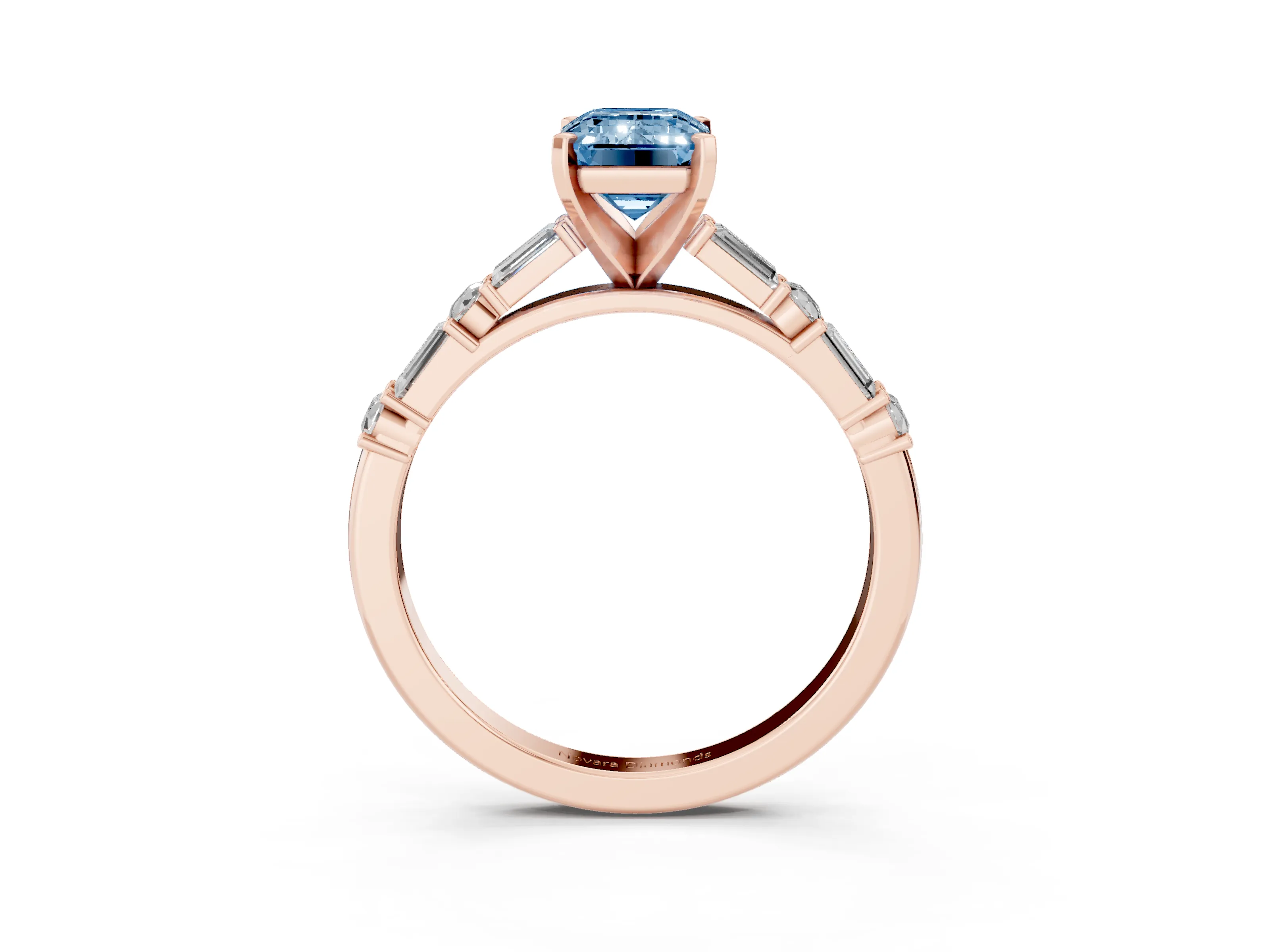 Fancy Blue Emerald Cut Diamond Solitaire Set in Rose gold with Side Baguettes and Channel Set Band