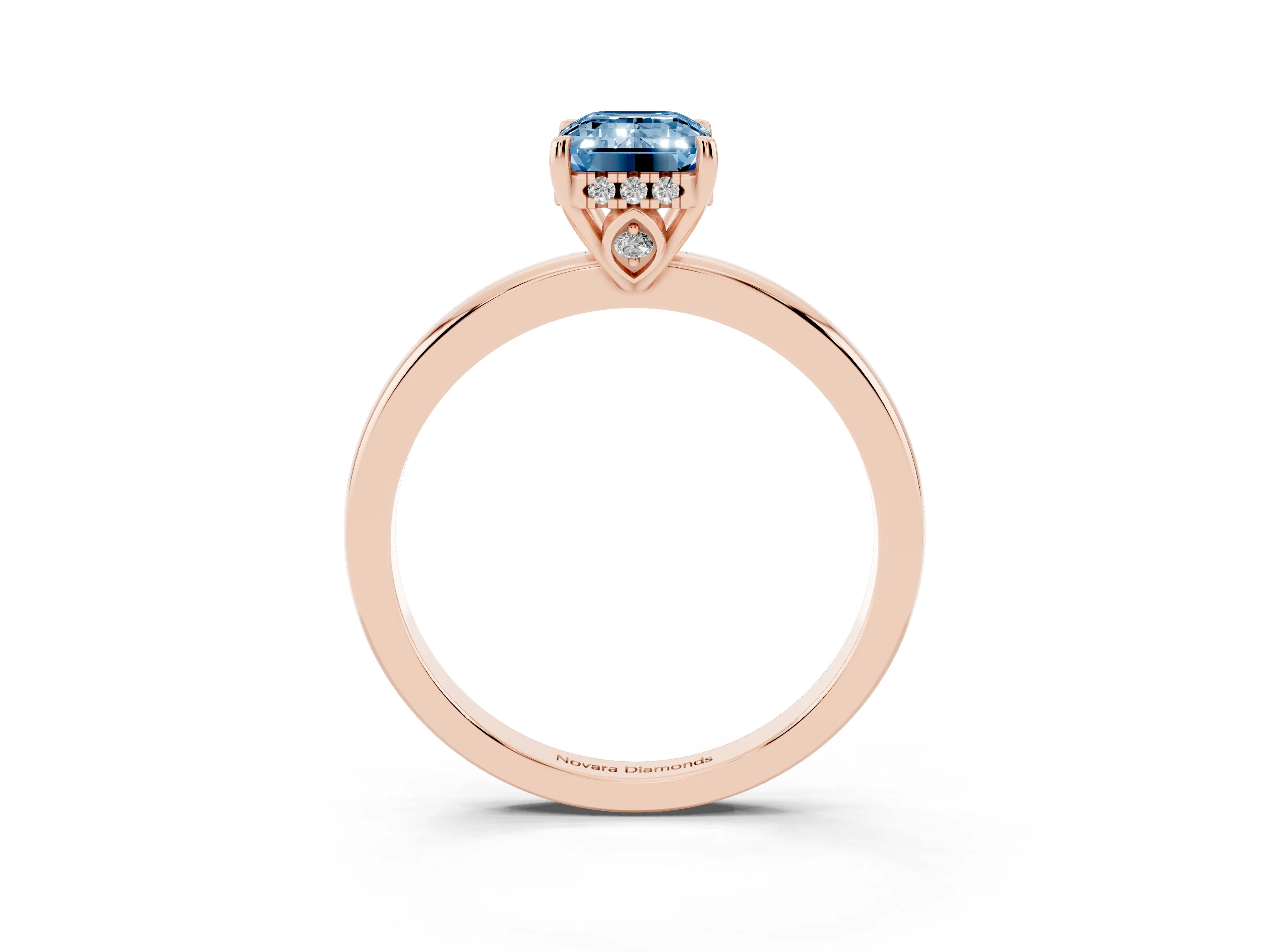 Fancy Blue Emerald Cut Diamond Solitaire Ring Set in Rose gold with Plain Band and Prong Setting