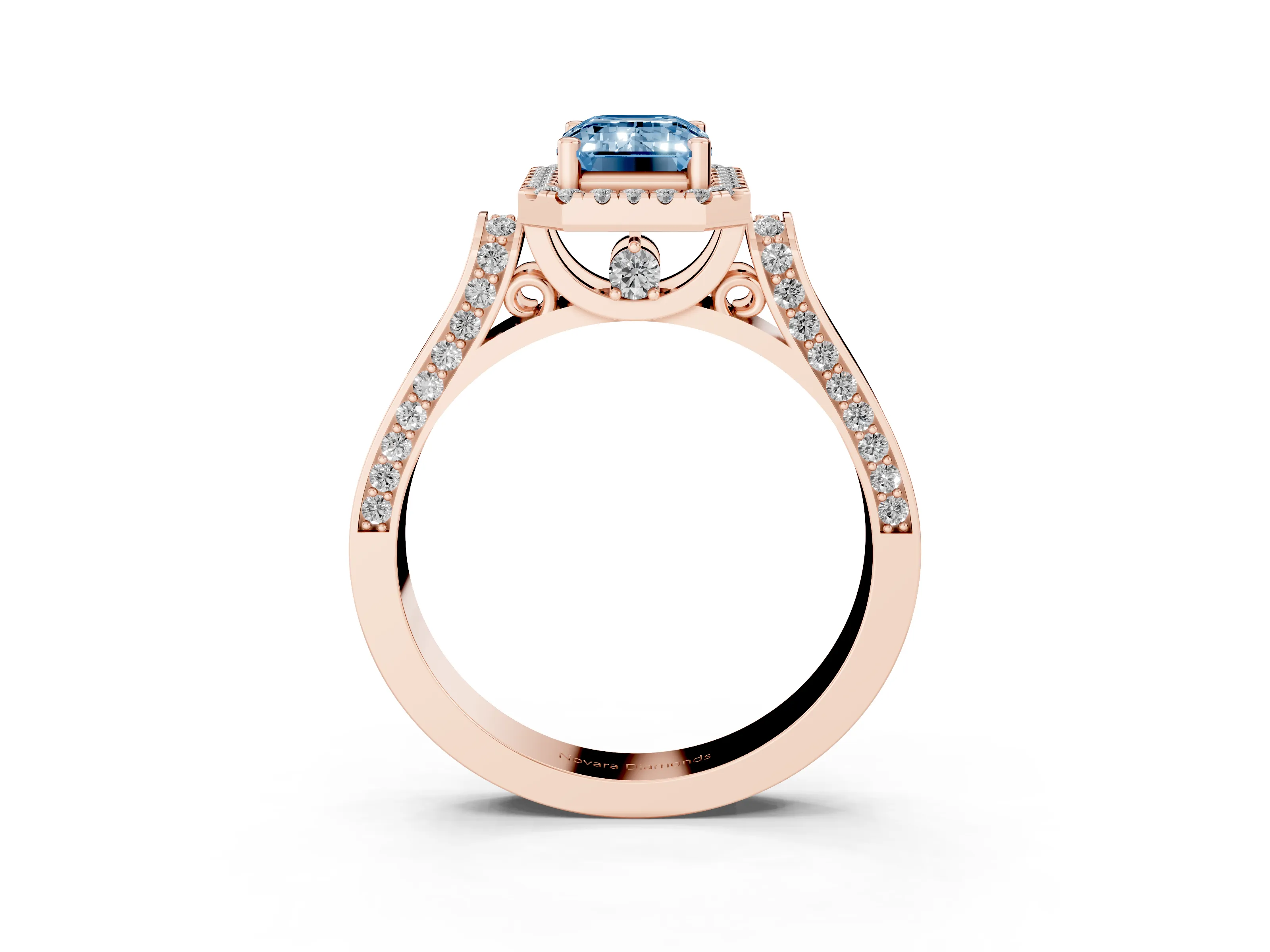 Fancy Blue Emerald Cut Diamond Halo Ring Set in Rose gold with Pavé-Lined Split Shank Band