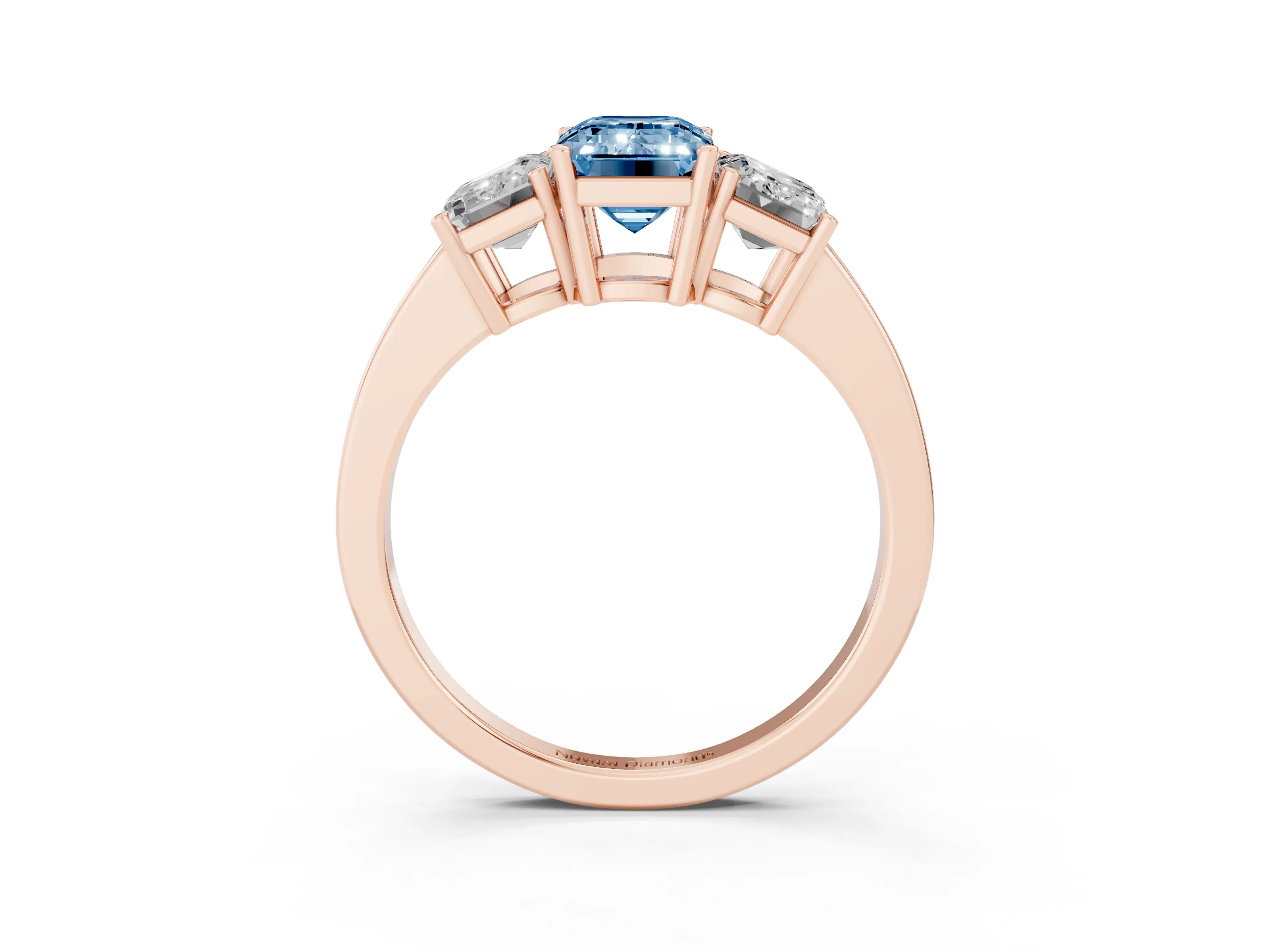Fancy Blue Emerald Cut Diamond Three-Stone Engagement Ring Set in Rose gold with Flat Band