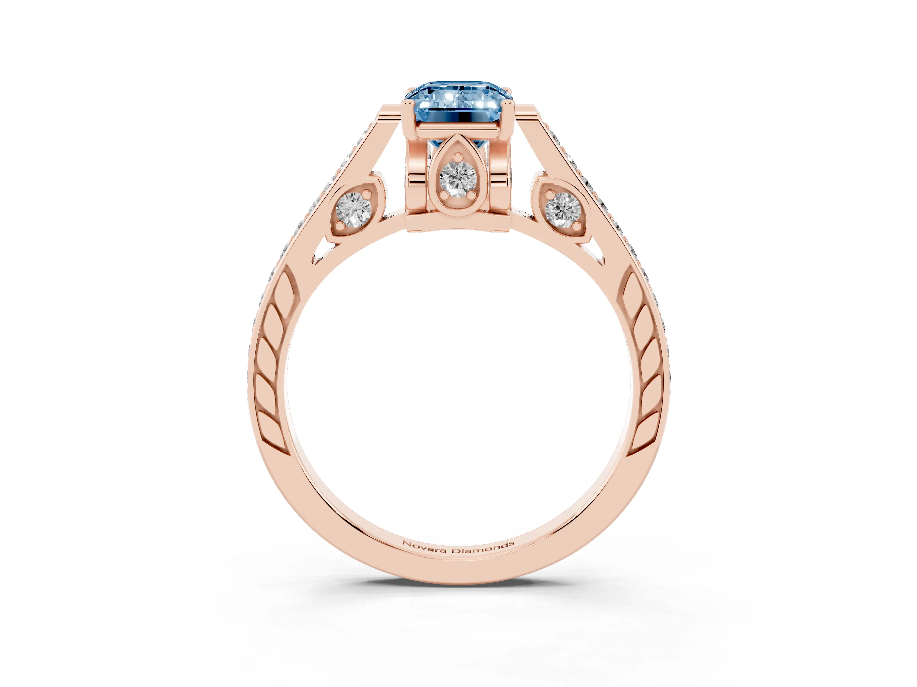 Fancy Blue Emerald Cut Diamond Cathedral Pavé Engagement Ring Set in Rose gold with Prong Setting