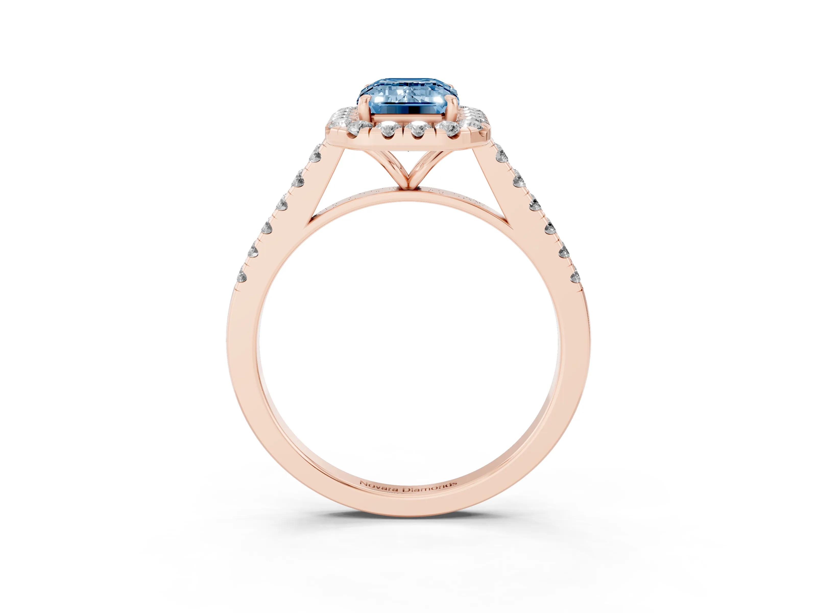 Fancy Blue Emerald Cut Diamond Halo Pavé Engagement Ring Set in Rose gold with Prong Setting