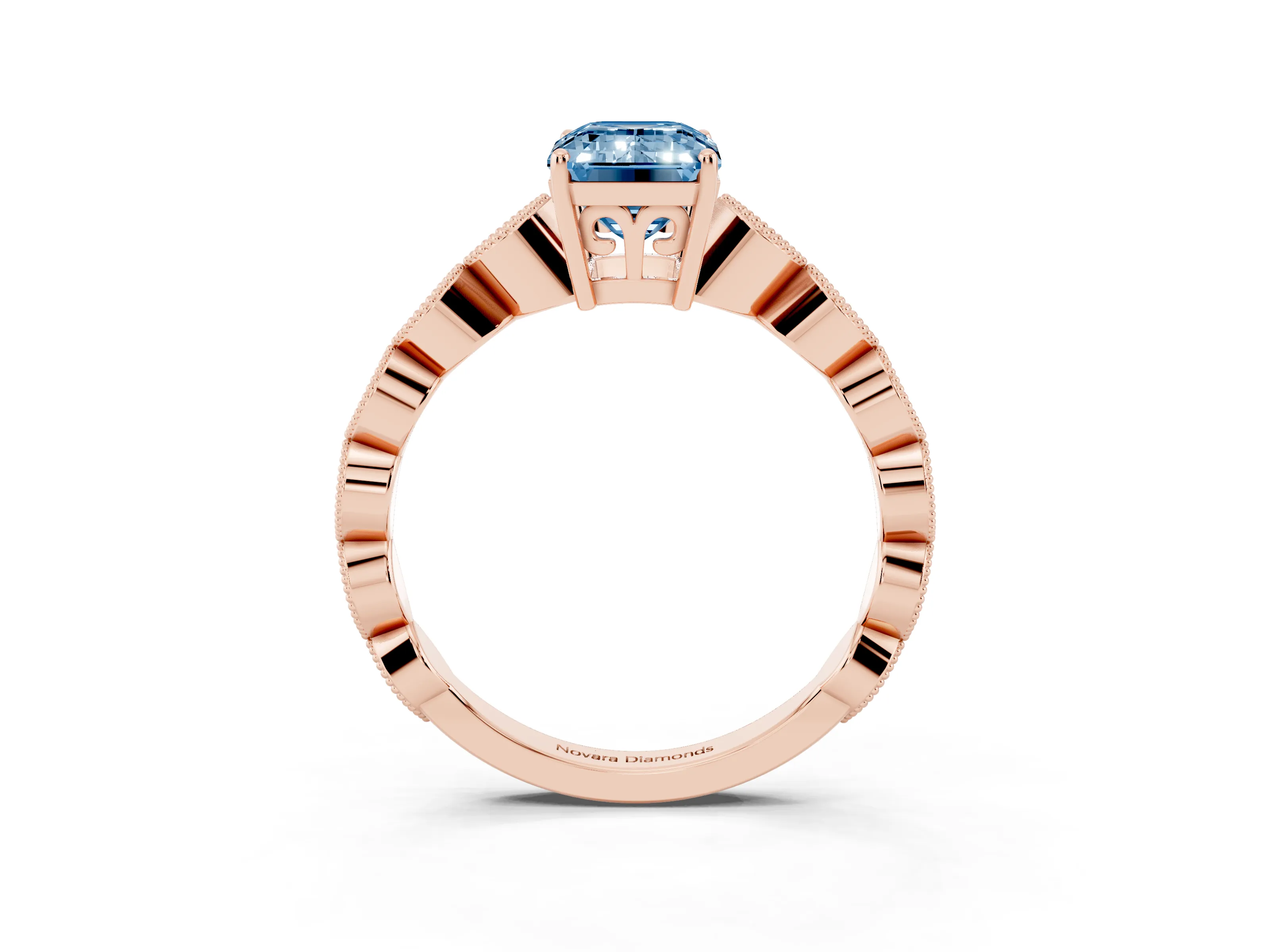 Fancy Blue Emerald Cut Diamond Solitaire Ring Set in Rose gold with Infinity Twist Pavé Band