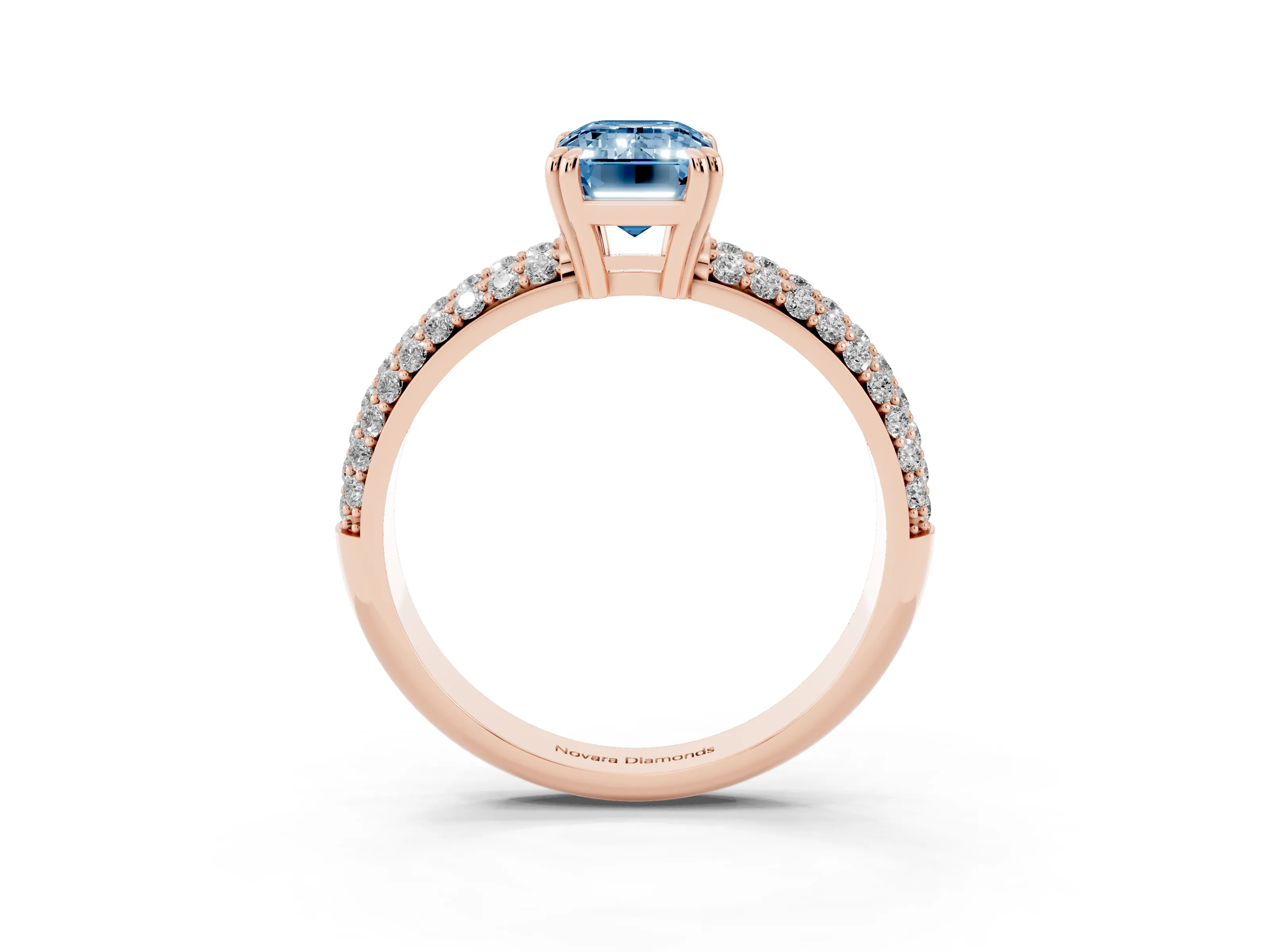 Fancy Blue Emerald Cut Diamond Solitaire Ring Set in Rose gold with Multi-Row Round Pavé Band and Prong Setting