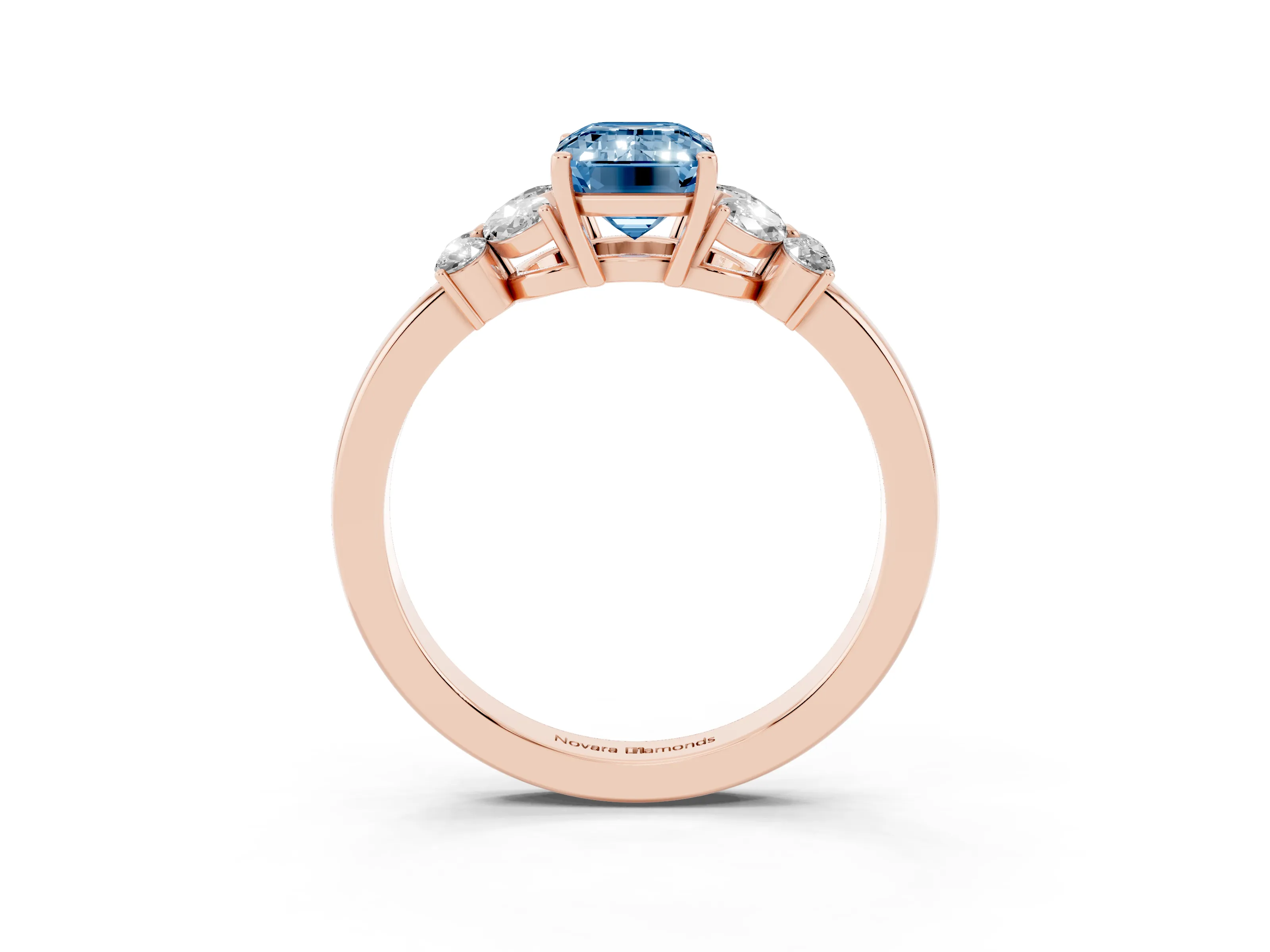 Fancy Blue Emerald Cut Diamond Solitaire Floral Ring Set in Rose gold with Marquise Petals and Prong Setting