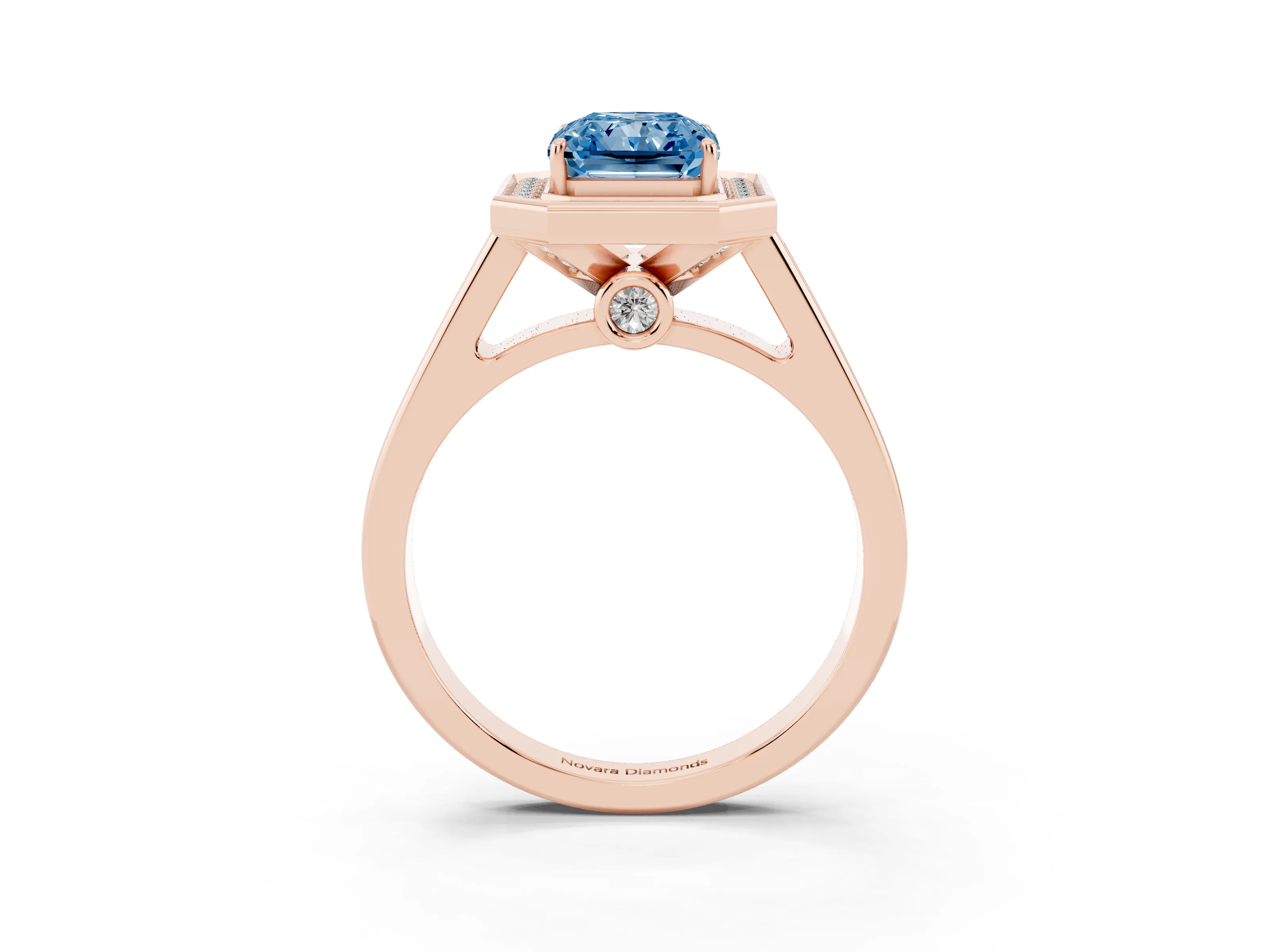 Fancy Blue Emerald Cut Diamond Halo Solitaire Ring Set in Rose gold with Pavé Band and Bezel Setting