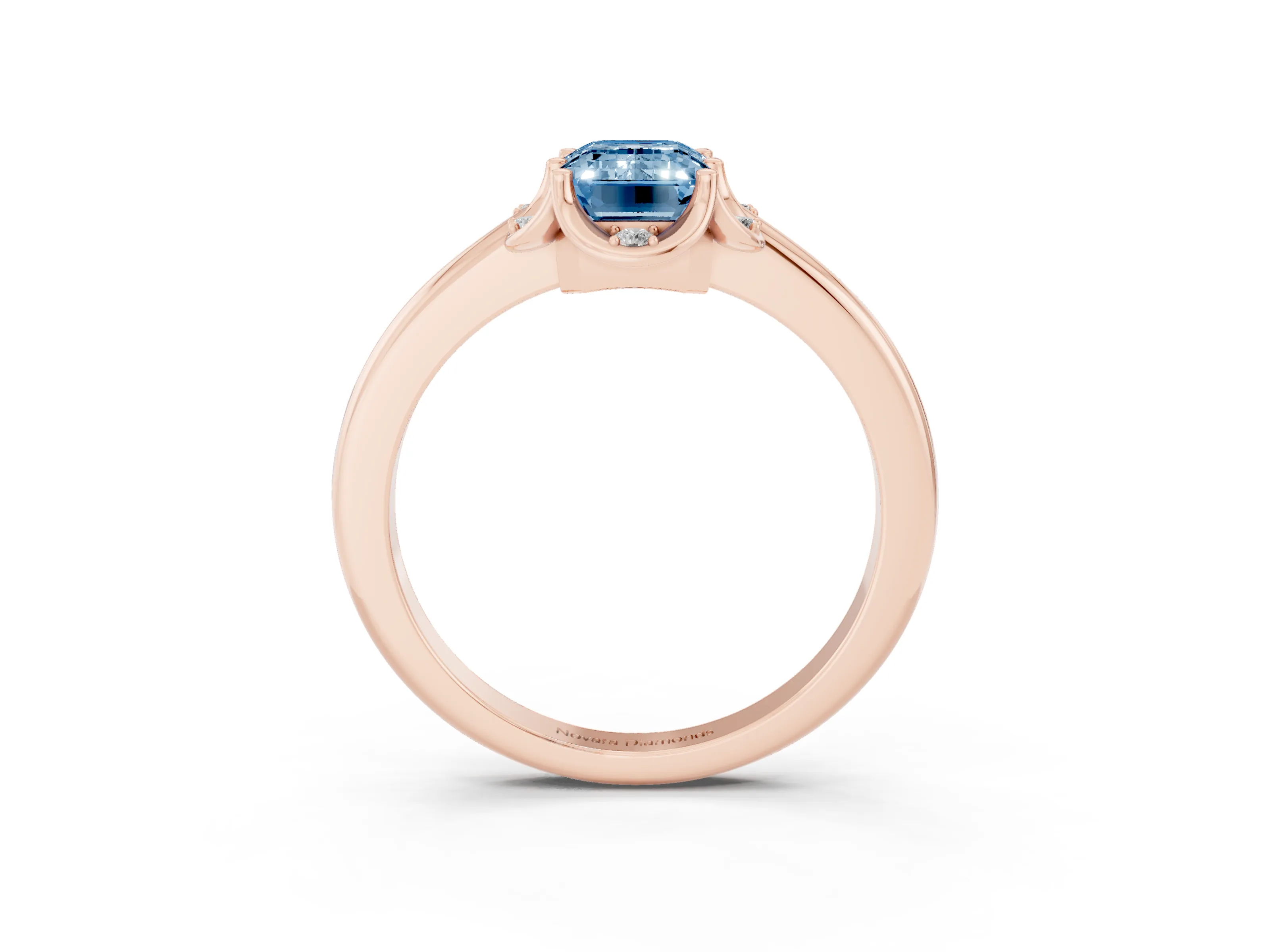 Fancy Blue Emerald Cut Diamond Round Cluster Halo Ring Set in Rose gold with Solitaire Band and Prong Setting
