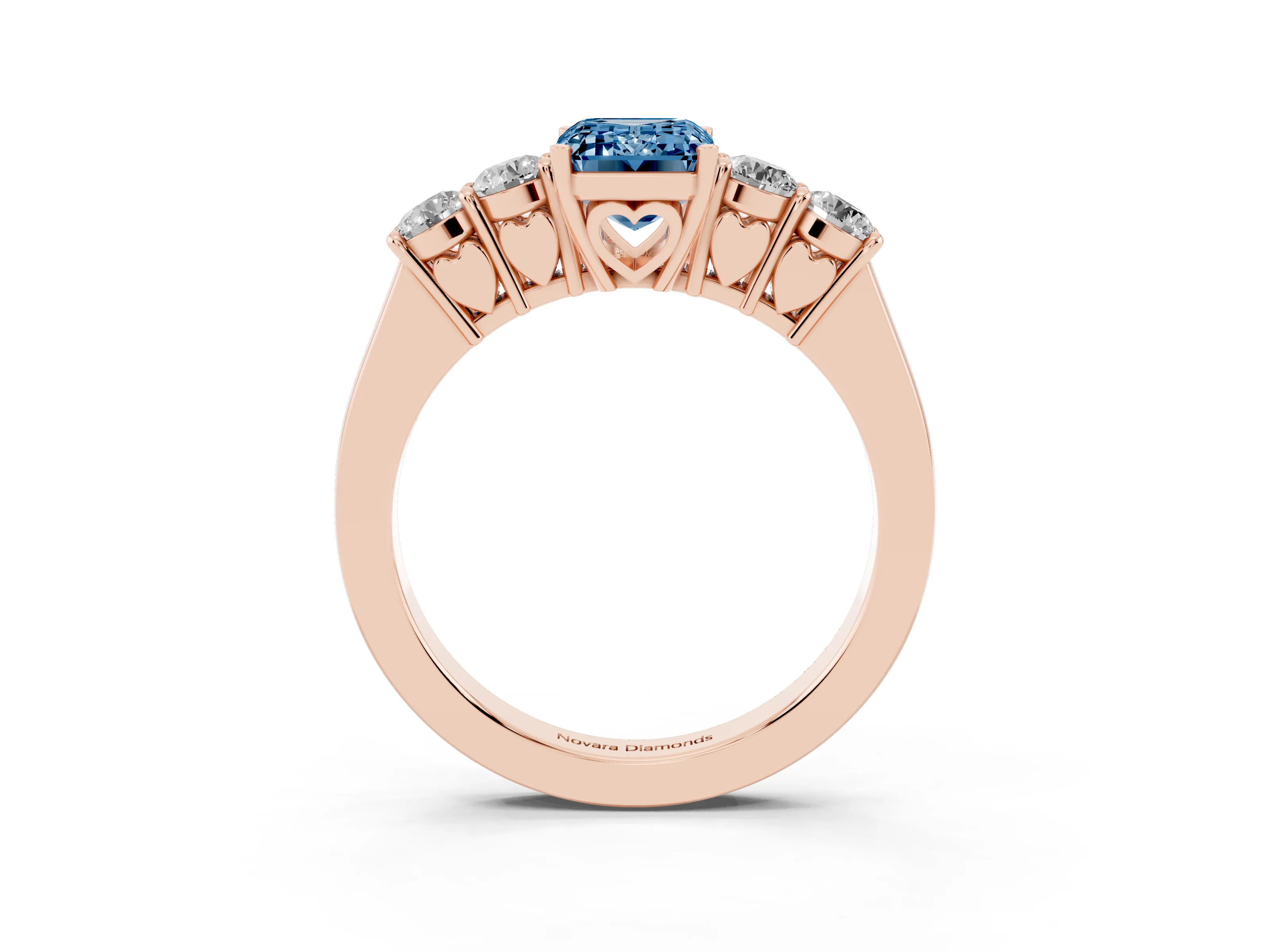 Fancy Blue Emerald Cut Diamond Five-Stone Prong Set Band Ring Set in Rose gold with Polished Band