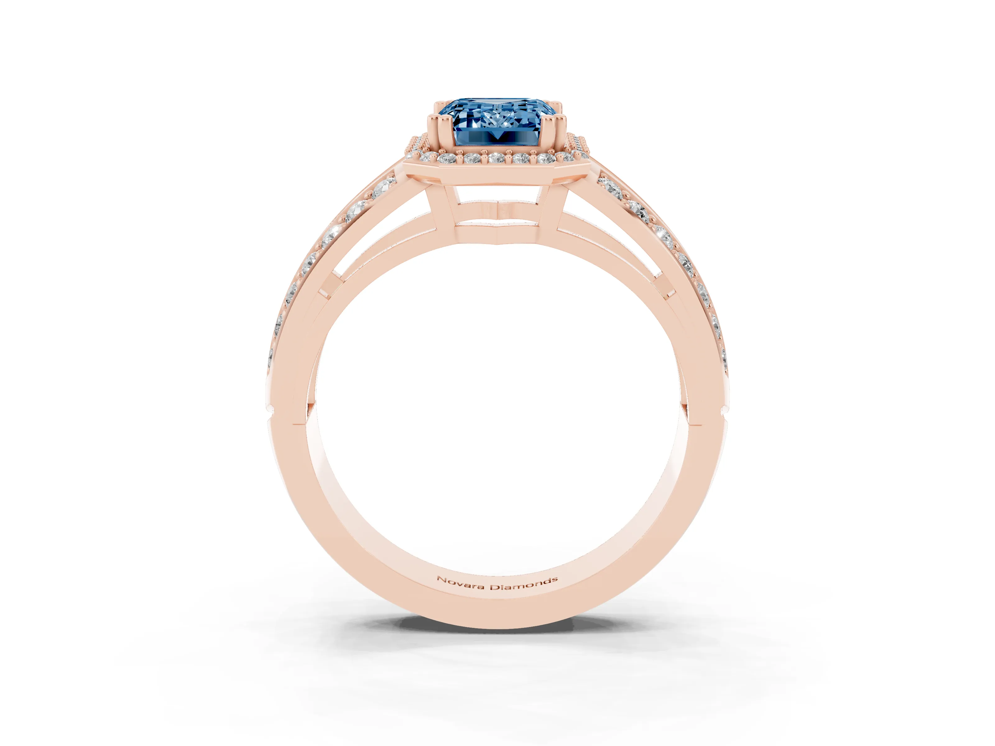 Fancy Blue Emerald Cut Diamond Halo Ring Set in Rose gold with Double Pavé Split Shank