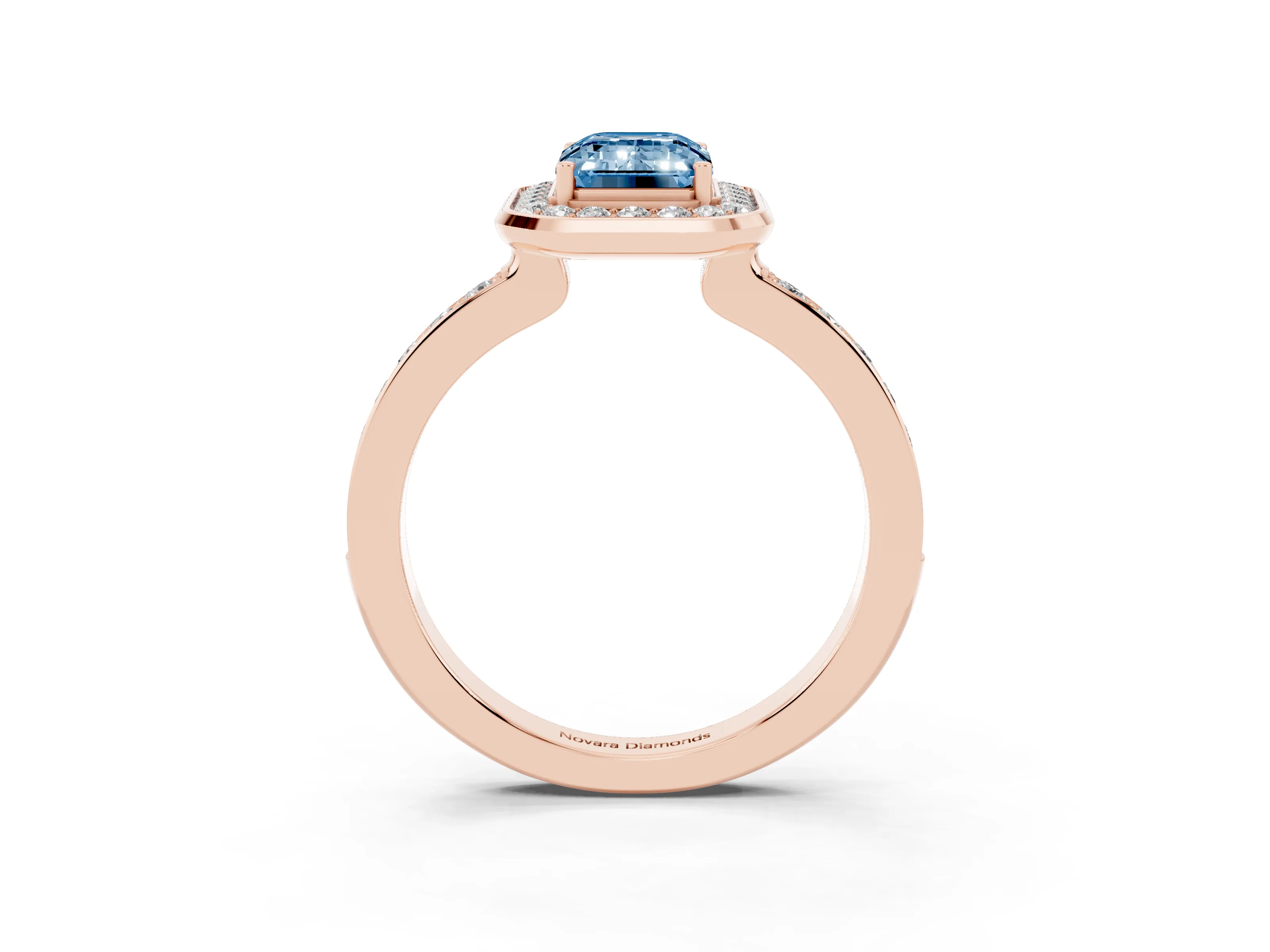 Fancy Blue Emerald Cut Diamond Halo Ring Set in Rose gold with Bezel Frame and Pavé Band