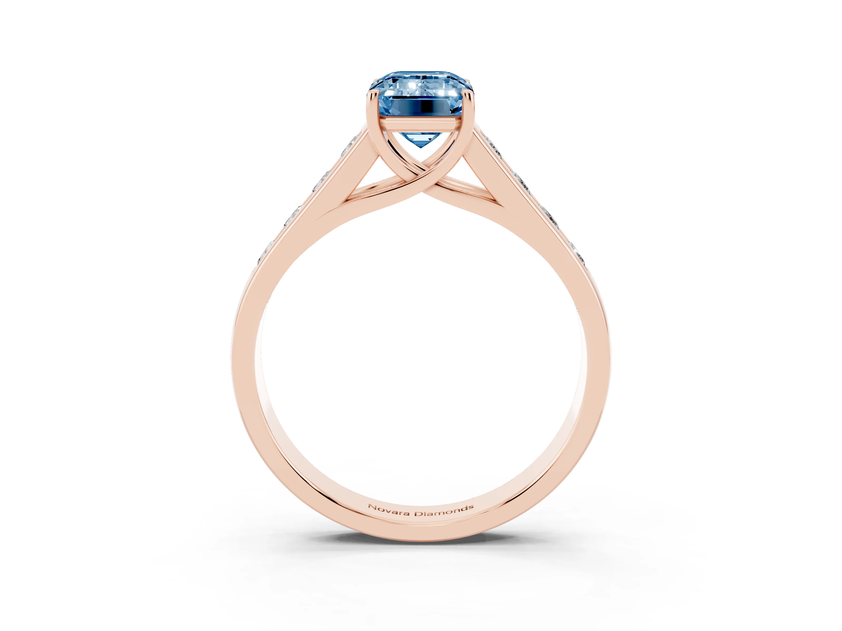 Fancy Blue Emerald Cut Diamond Solitaire Channel-Set Engagement Ring Set in Rose gold with Prong Setting