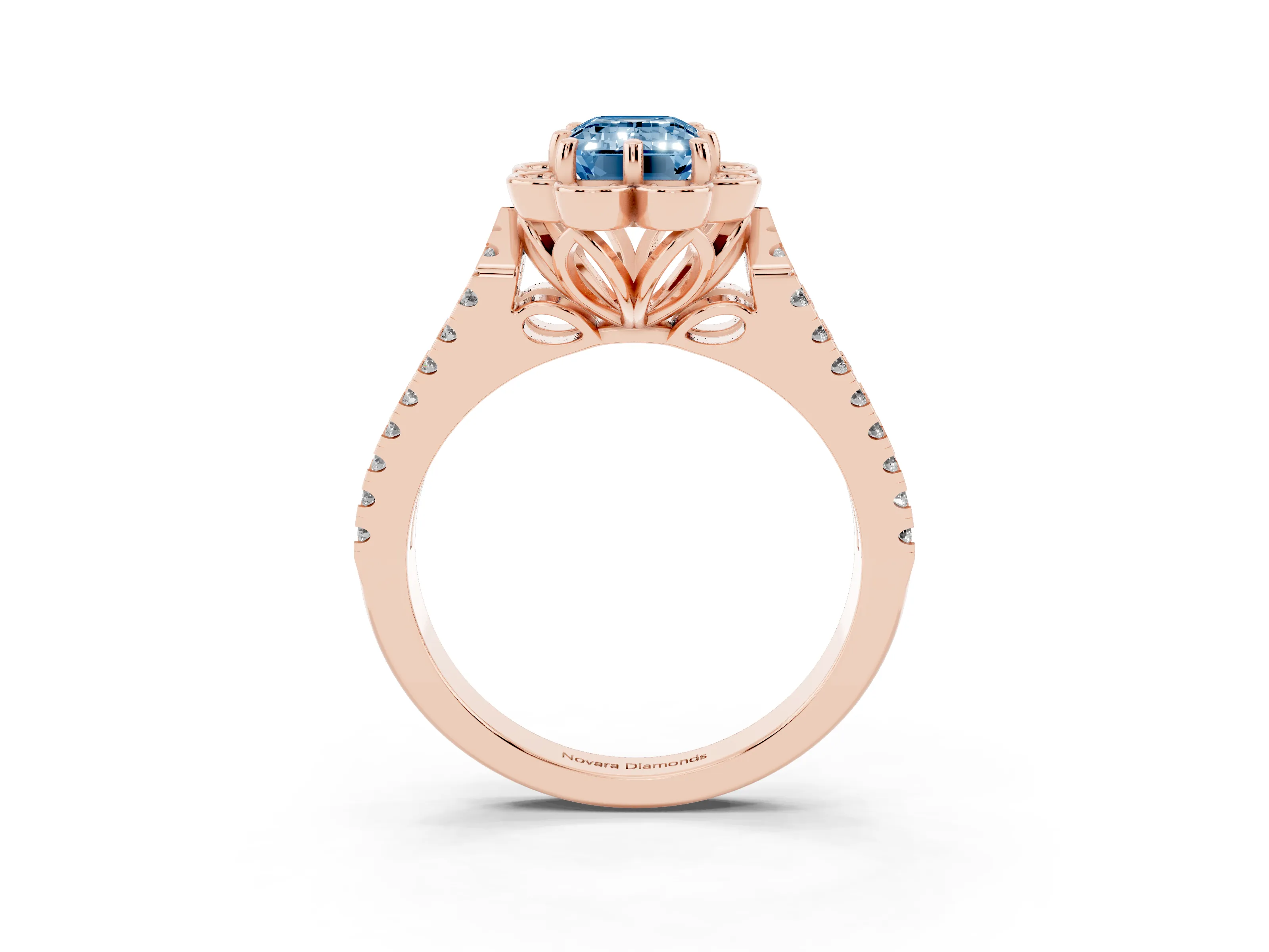 Fancy Blue Emerald Cut Diamond Floral Halo Split Shank Engagement Ring Set in Rose gold with Pavé Shank