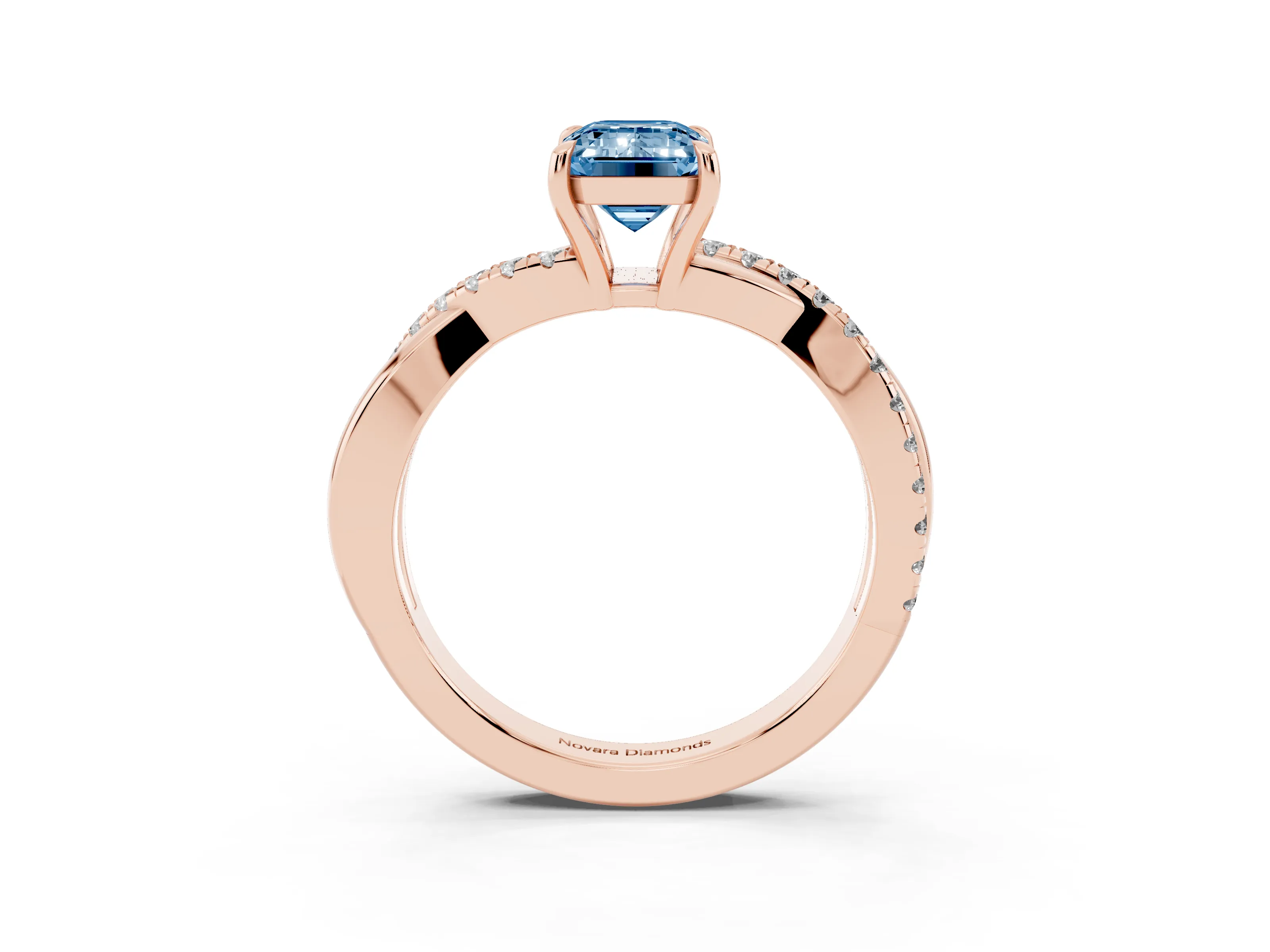 Fancy Blue Emerald Cut Diamond Twisted Pavé Band Ring Set in Rose gold with Prong Setting