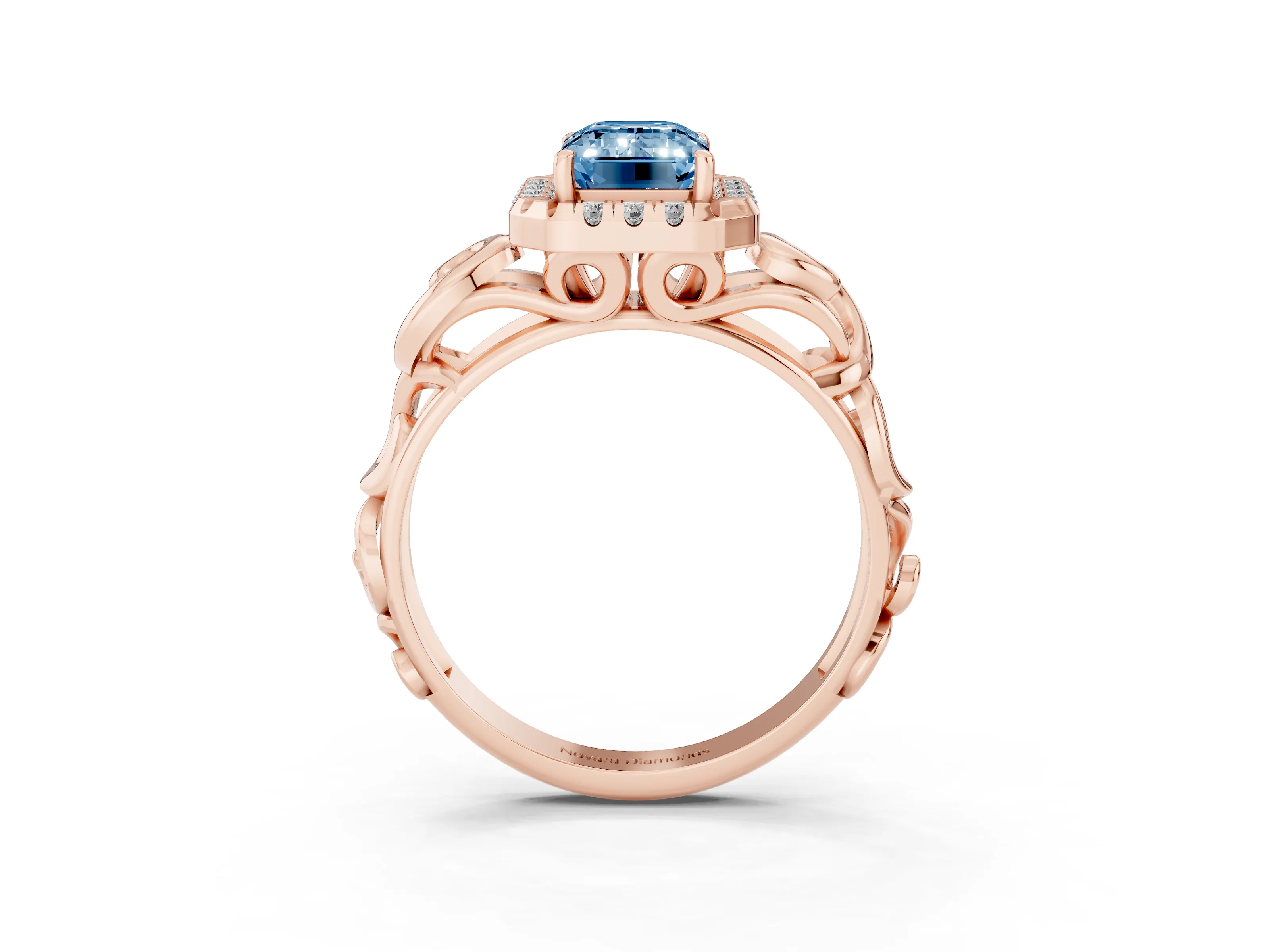 Fancy Blue Emerald Cut Diamond Halo Ring Set in Rose gold with Scrollwork Band and Prong Setting