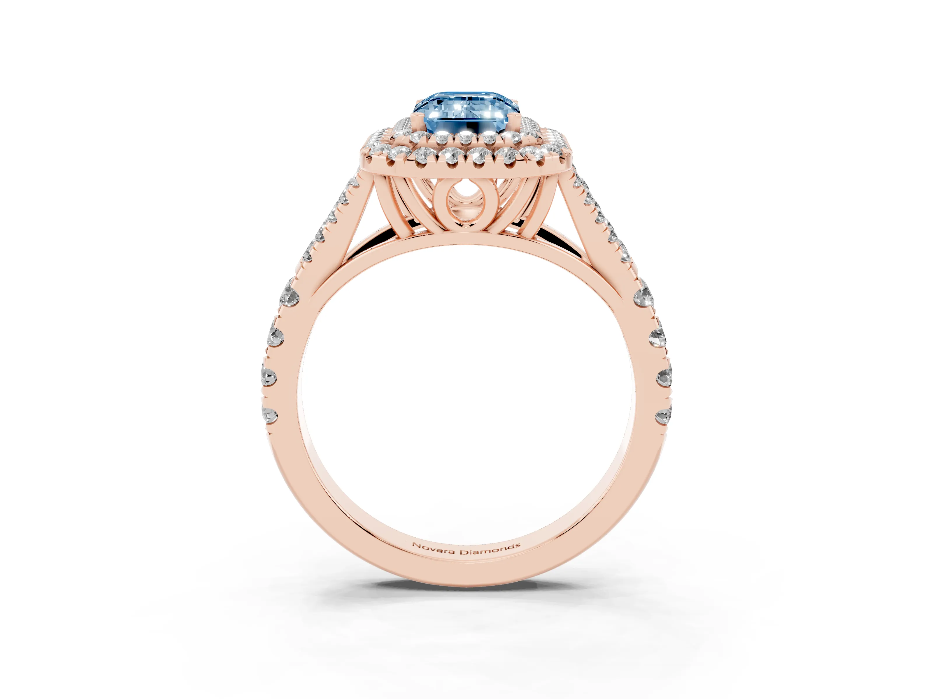 Fancy Blue Emerald Cut Diamond Pavé Split Shank Double Halo Engagement Ring Set in Rose gold