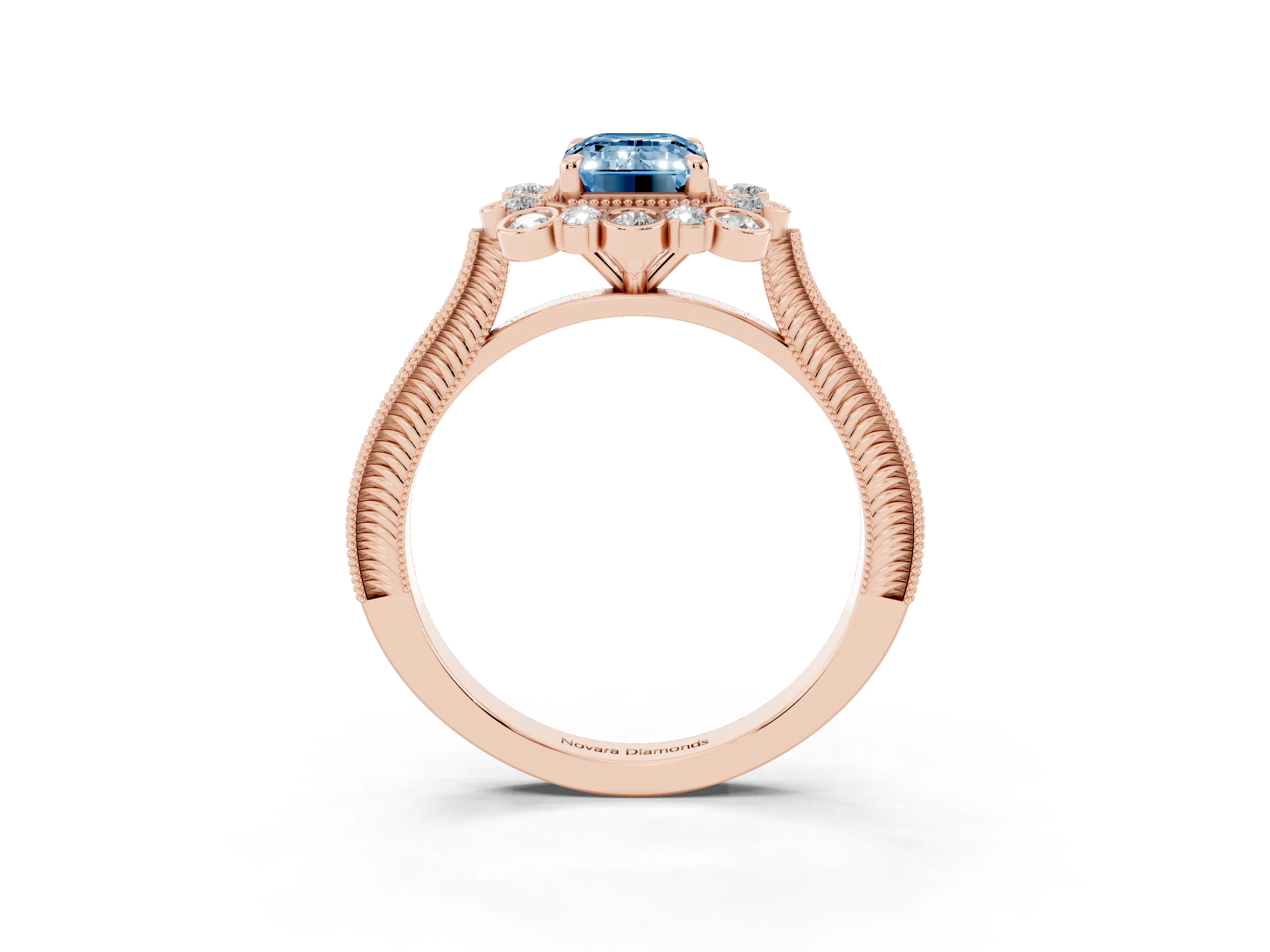 Fancy Blue Emerald Cut Diamond Halo Milgrain Pavé Ring Set in Rose gold with Prong Setting