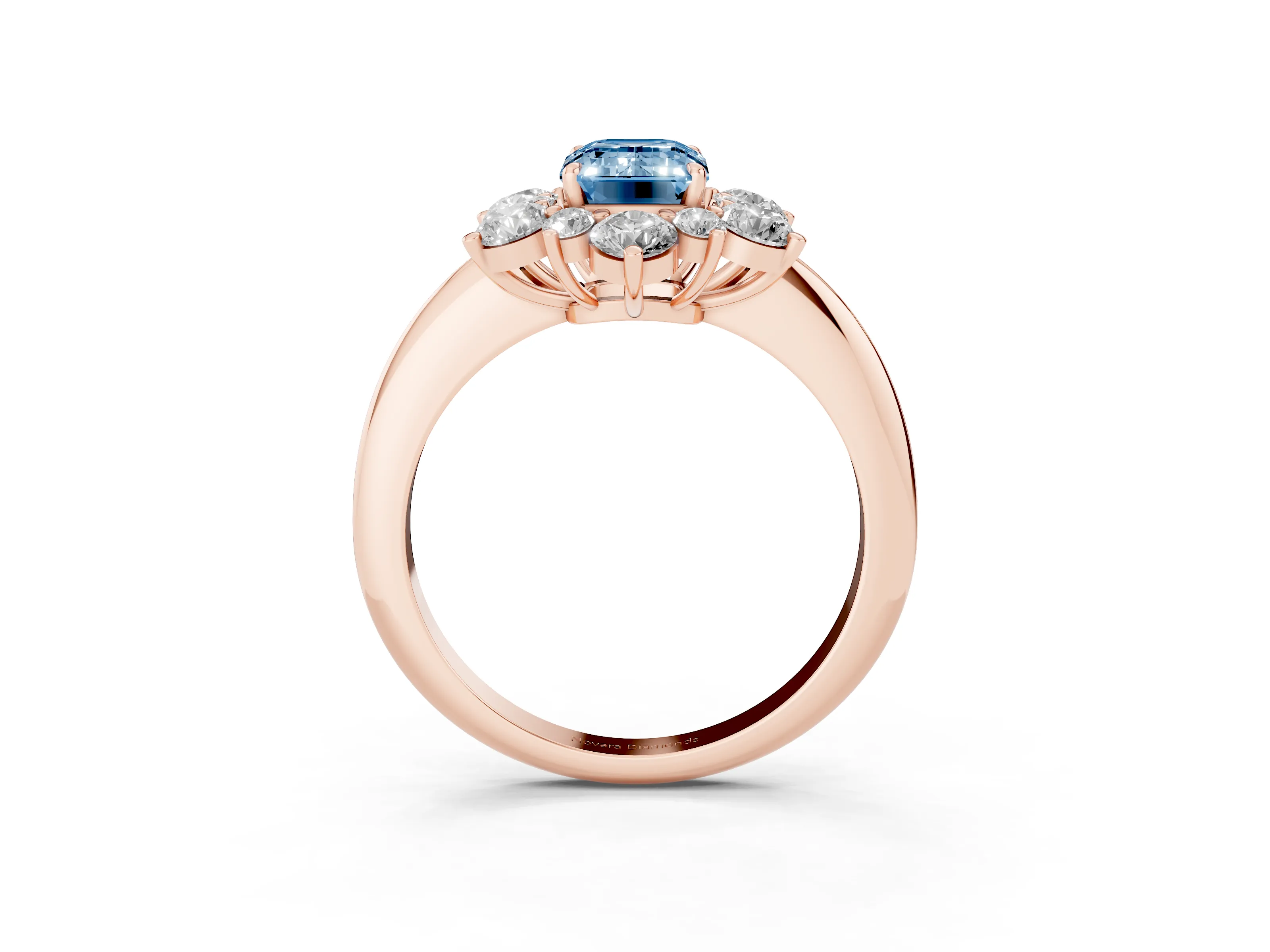 Fancy Blue Emerald Cut Diamond Cluster Halo Ring Set in Rose gold with Solitaire Band and Prong Setting