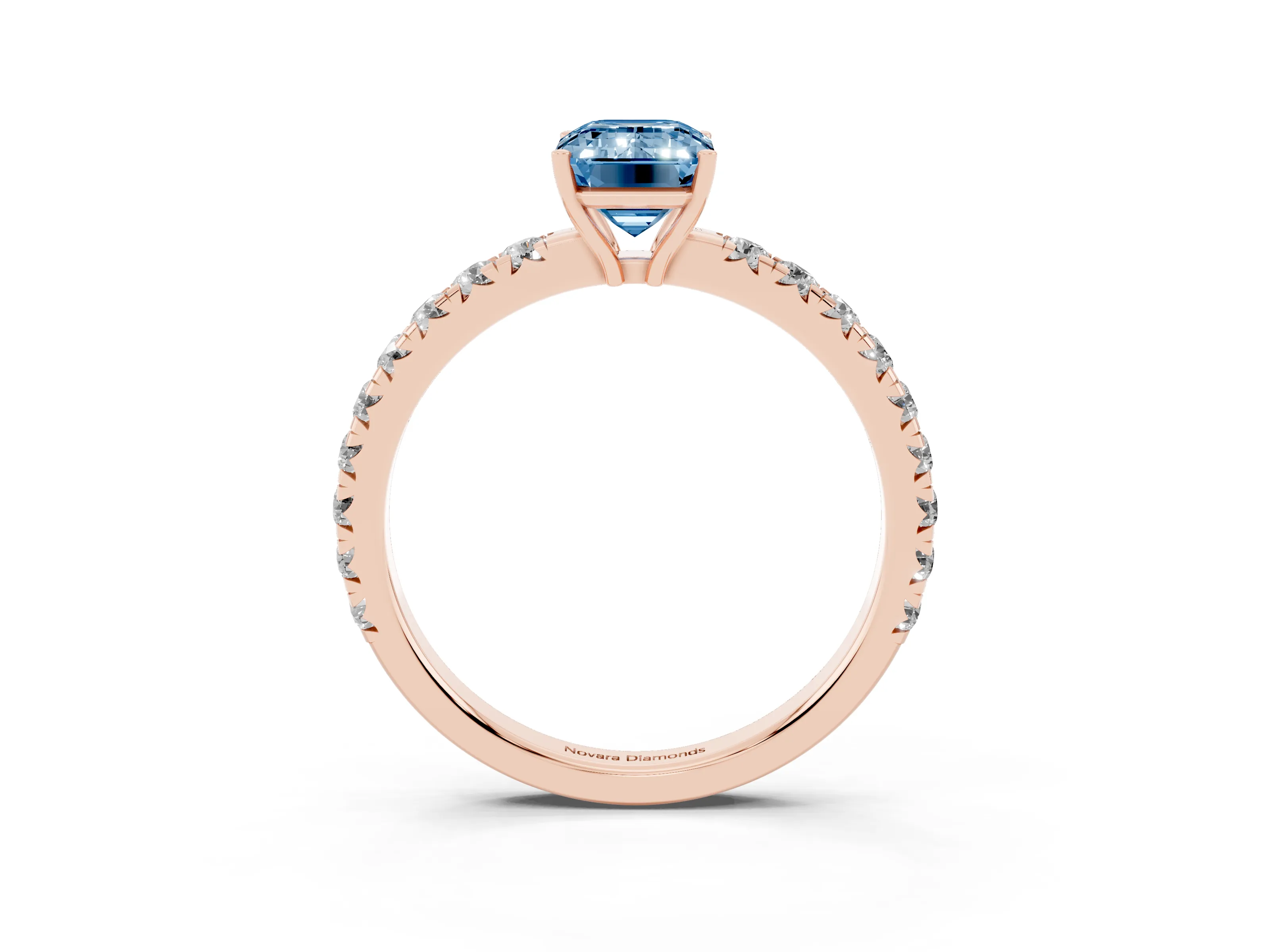 Fancy Blue Emerald Cut Diamond Pavé Solitaire Engagement Ring Set in Rose gold with Prong Setting