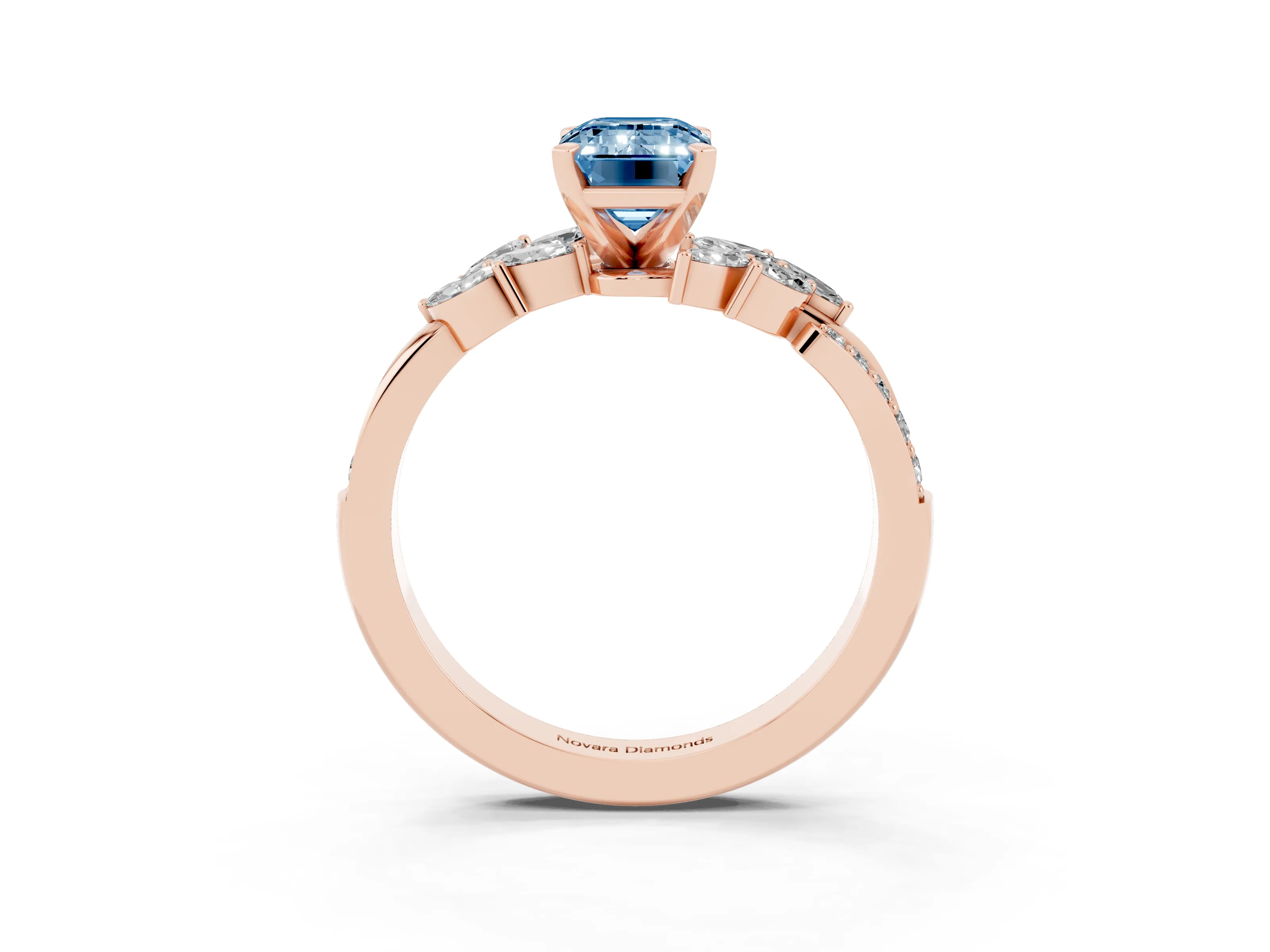 Fancy Blue Emerald Cut Diamond Solitaire Ring Set in Rose gold with Marquise Twist Band and Prong Setting