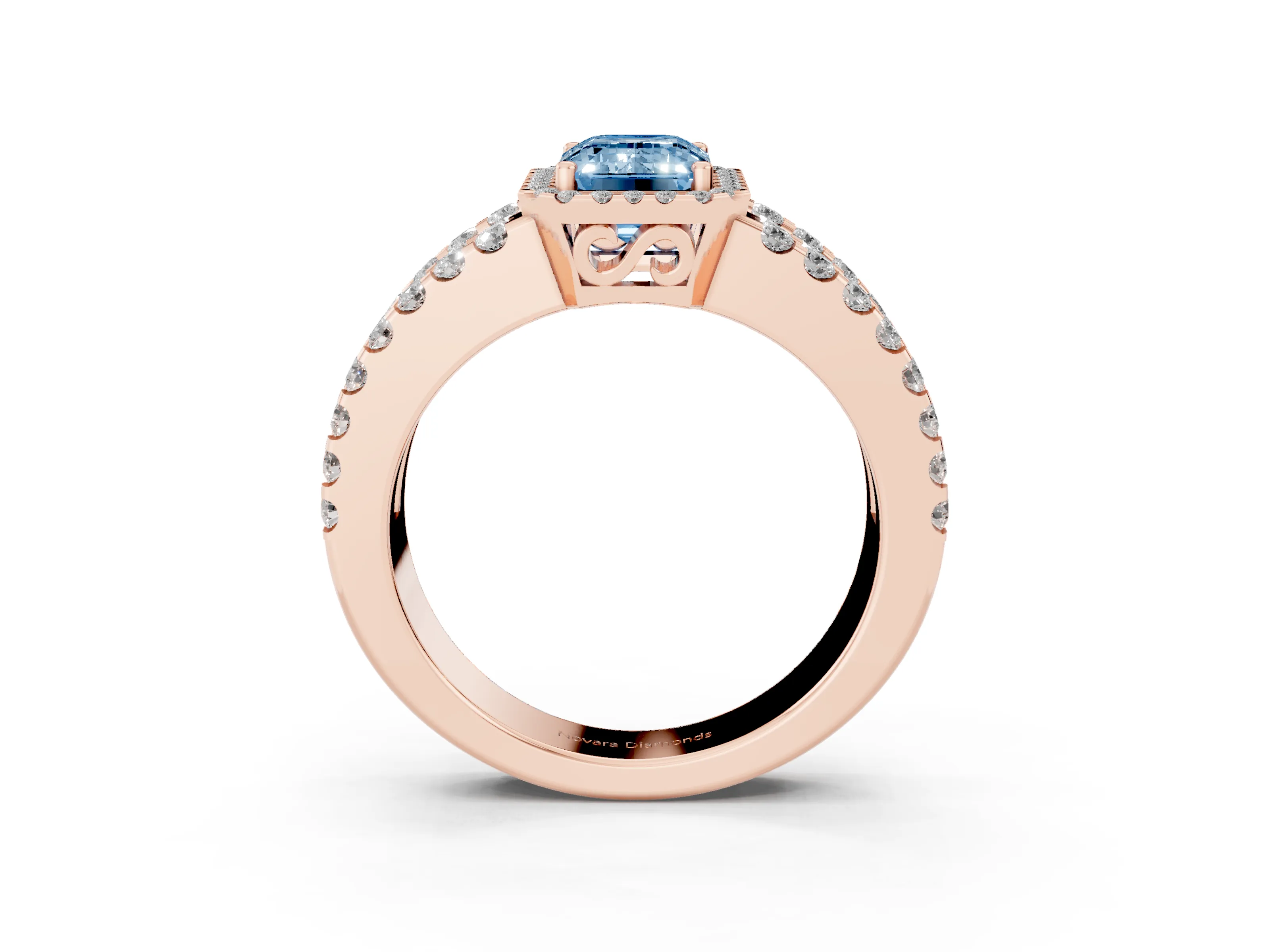 Fancy Blue Emerald Cut Diamond Halo Ring Set in Rose gold with Pavé Split Shank and Prong Setting
