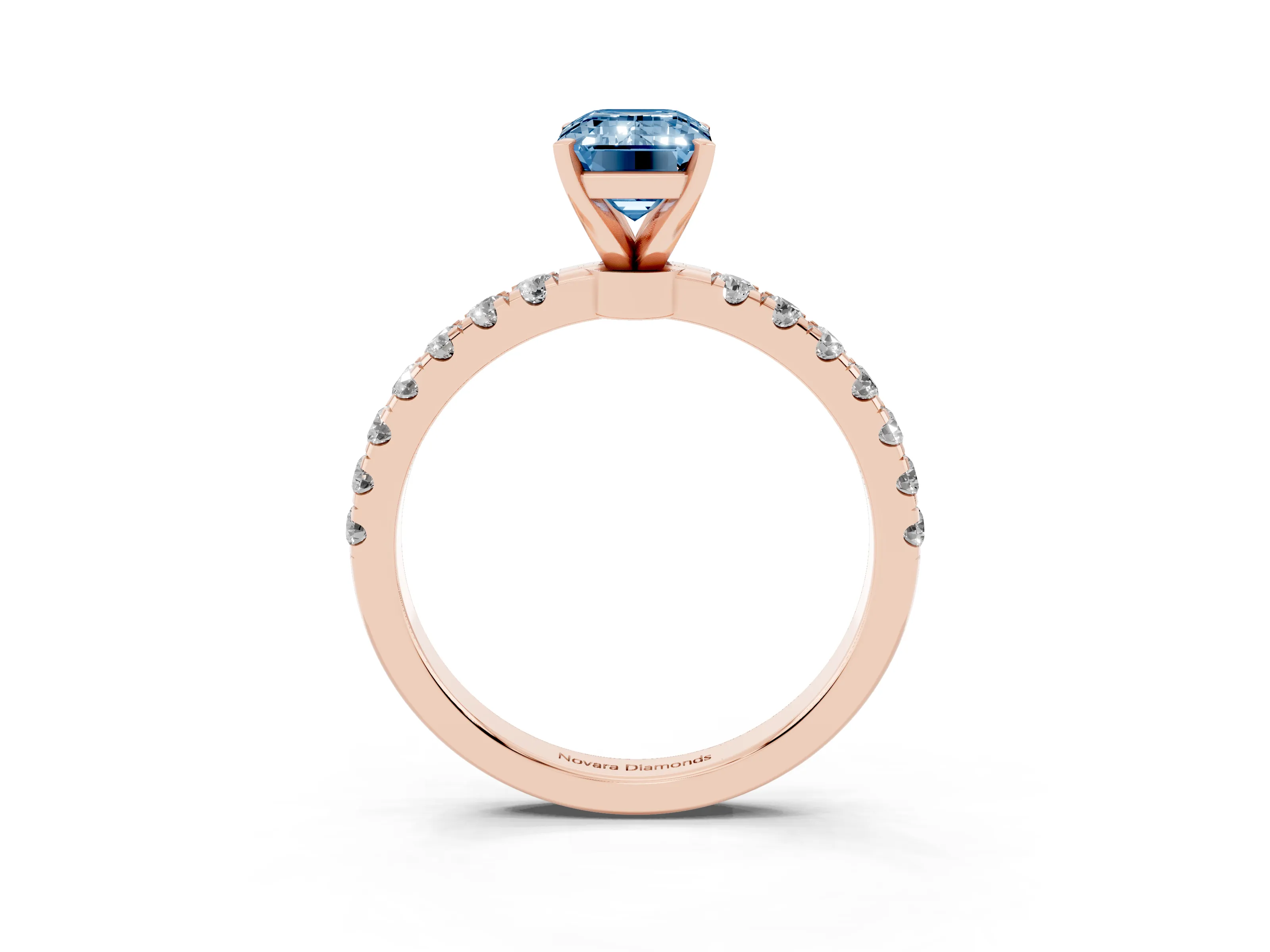Fancy Blue Emerald Cut Diamond Solitaire Ring Set in Rose gold with Pavé Accents and Prong Setting