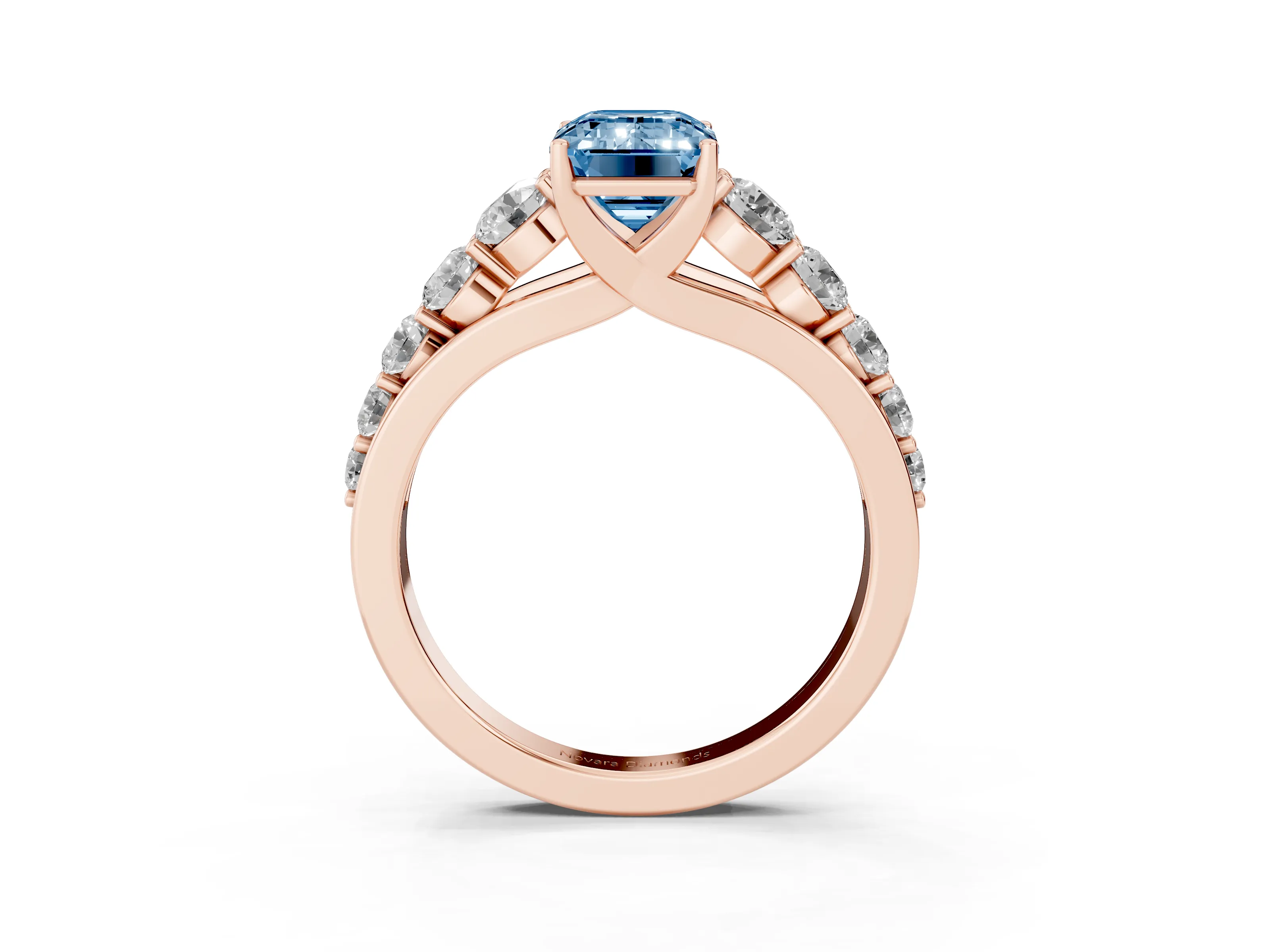 Fancy Blue Emerald Cut Diamond Solitaire Ring Set in Rose gold with Pavé-Set Band and Prong Setting