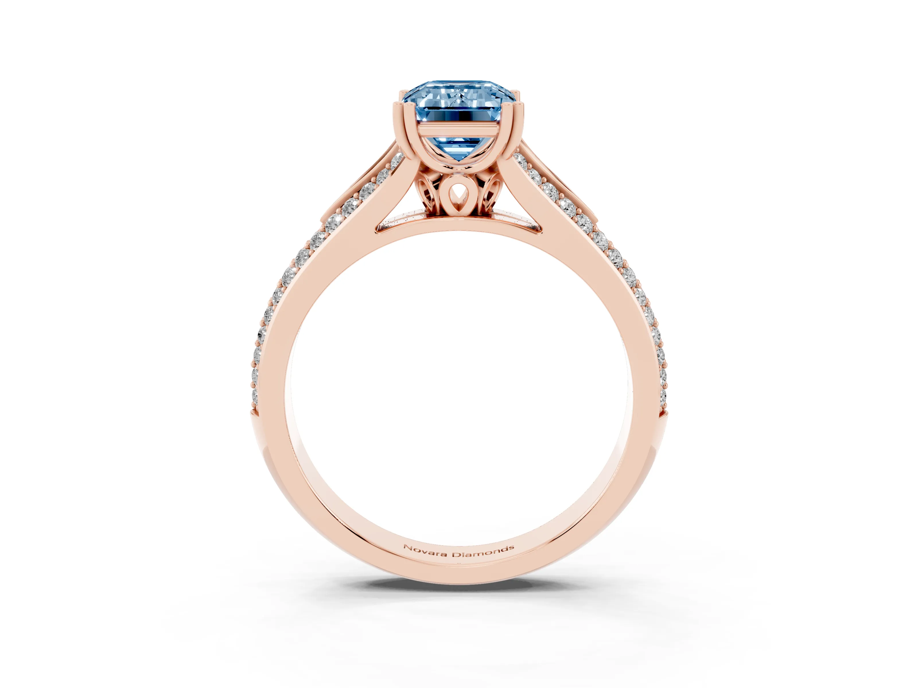 Fancy Blue Emerald Cut Diamond Split Shank Pavé Engagement Ring Set in Rose gold with Prong-Set Center Stone