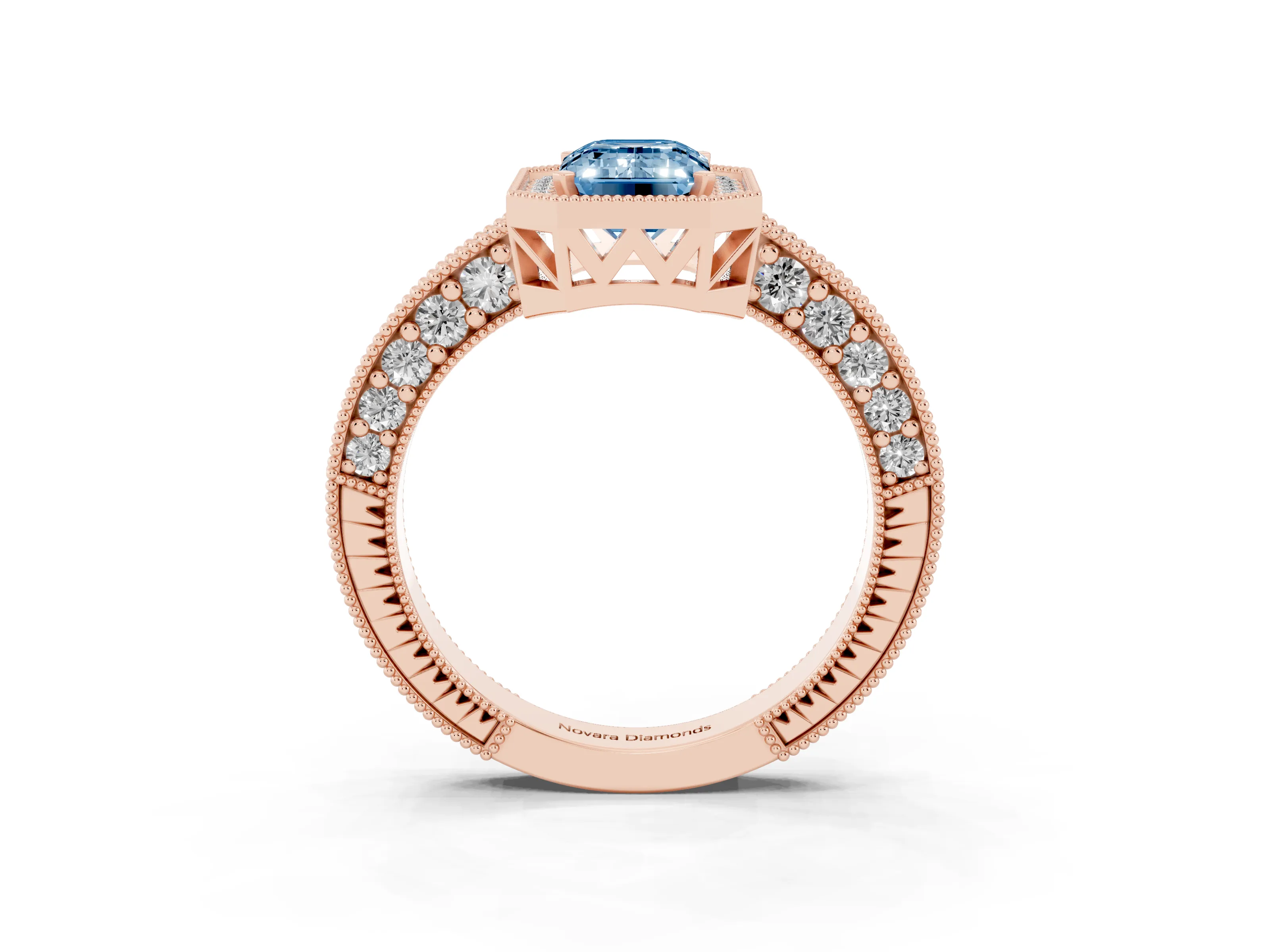 Fancy Blue Emerald Cut Diamond Halo Pavé Band Ring Set in Rose gold with Prong-Set Center