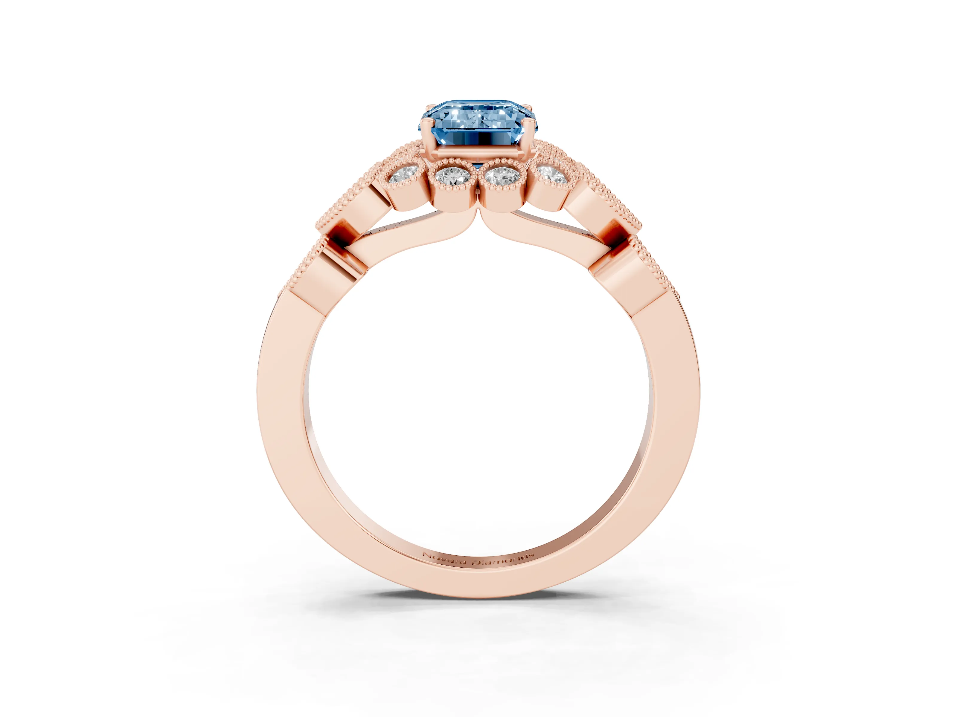 Fancy Blue Emerald Cut Diamond Solitaire Ring Set in Rose gold with Milgrain Pavé Heart Band