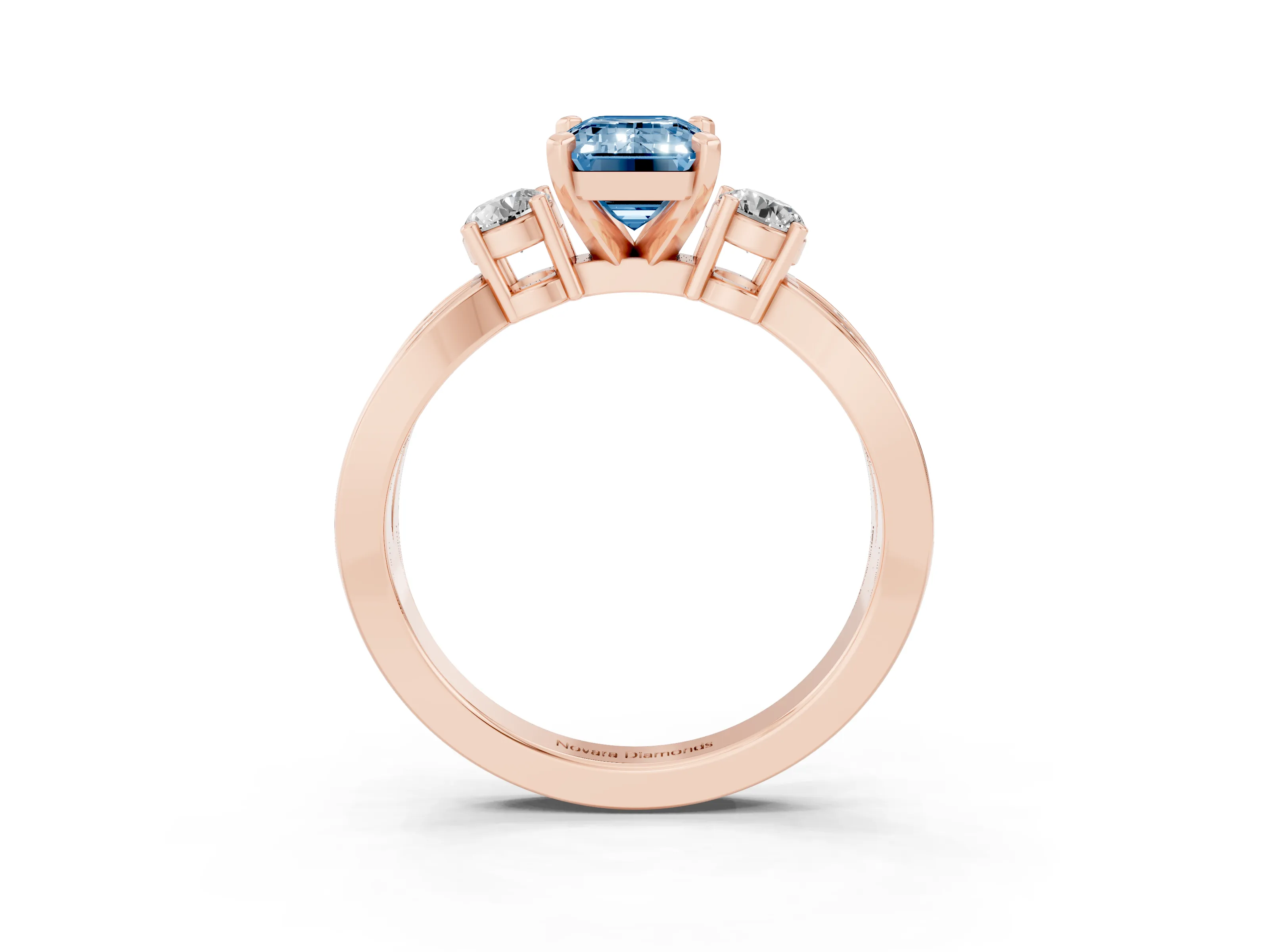 Fancy Blue Three-Stone Emerald Cut Diamond Twist Band Ring Set in Rose gold with Pavé Accents and Prong Setting