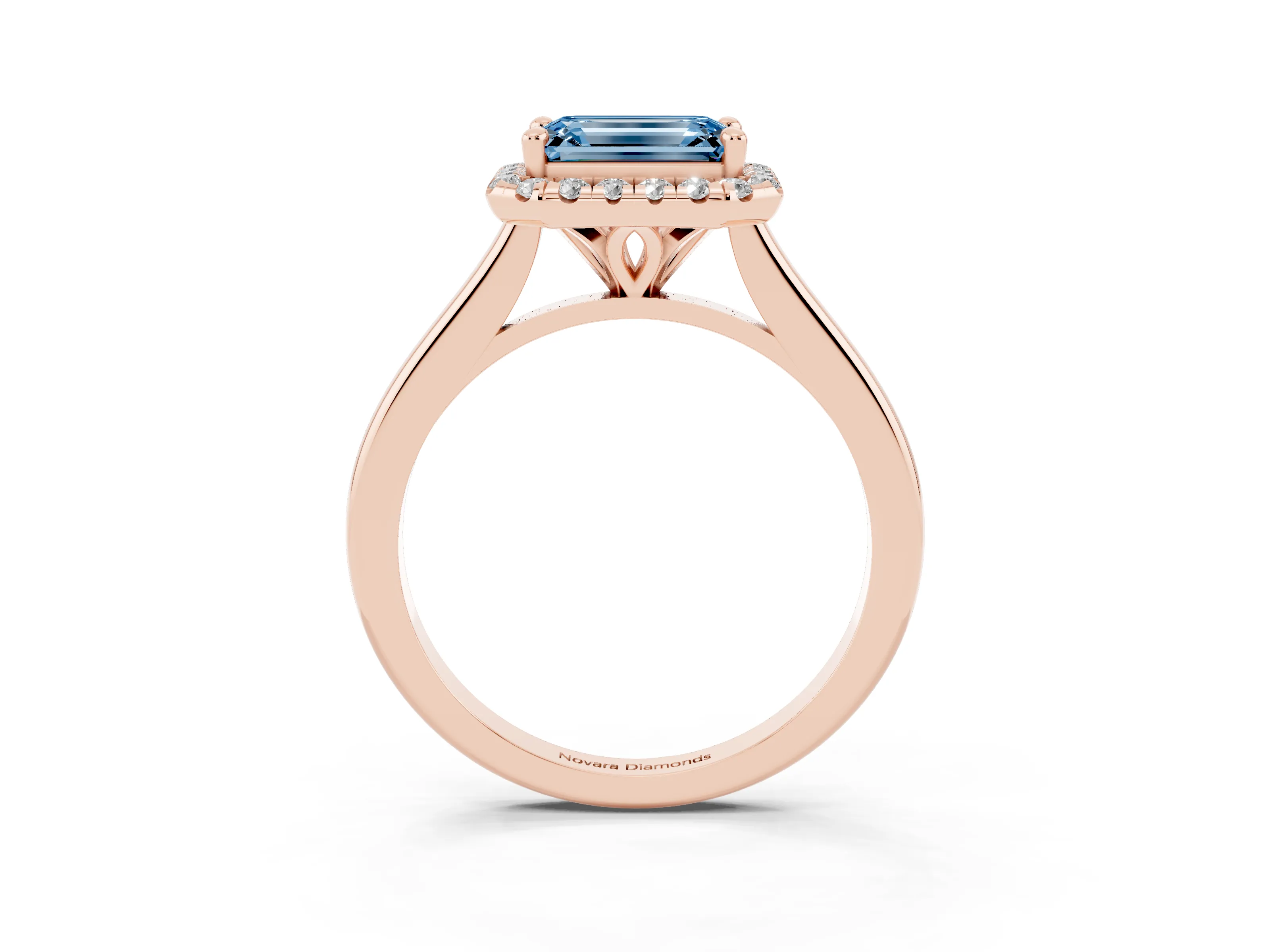 Fancy Blue Emerald Cut Diamond Halo Engagement Ring Set in Rose gold with Pavé Band and Rising Shoulders