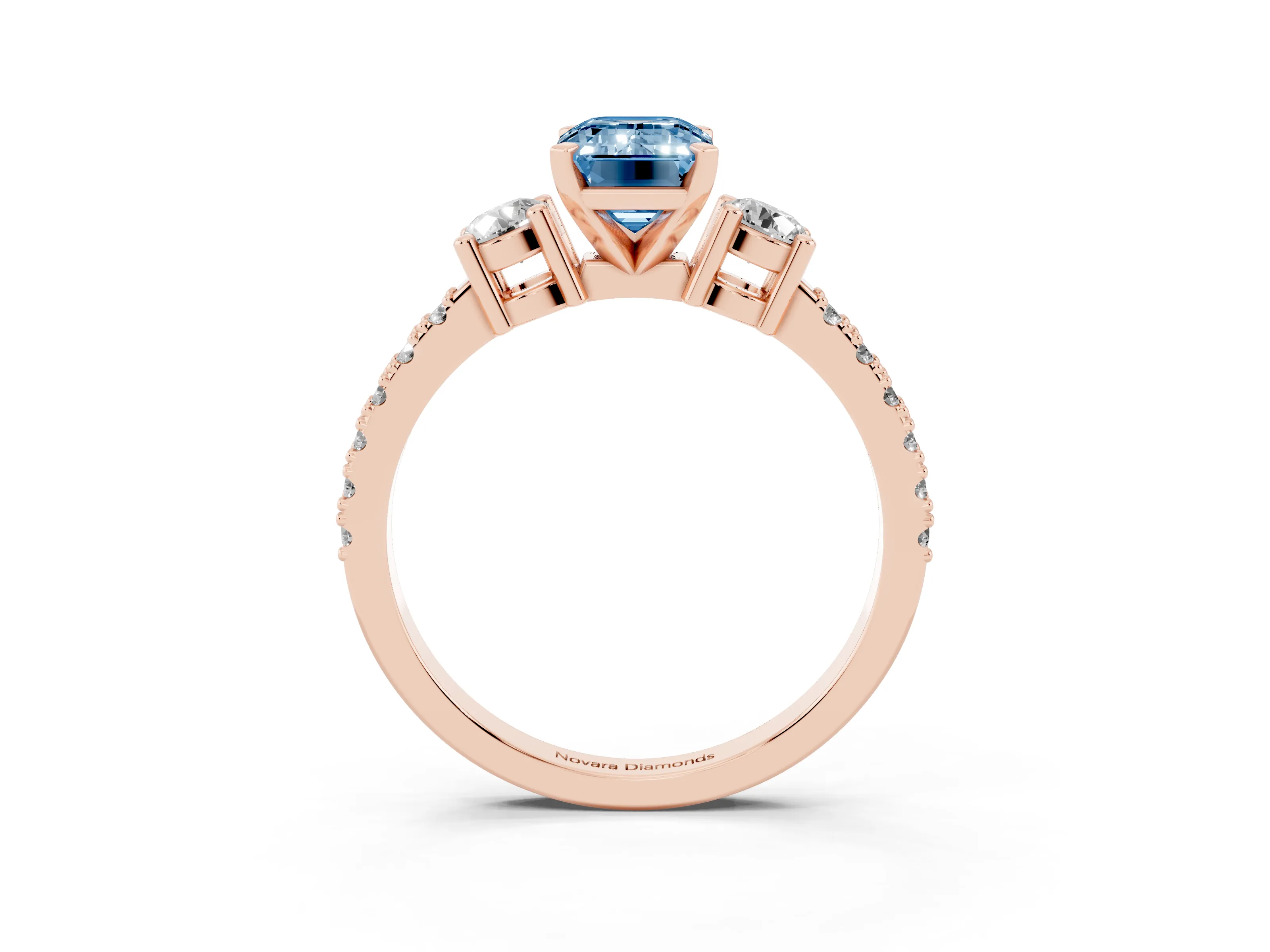 Fancy Blue Three-Stone Emerald Cut Diamond Pavé Band Ring Set in Rose gold with Prong Setting